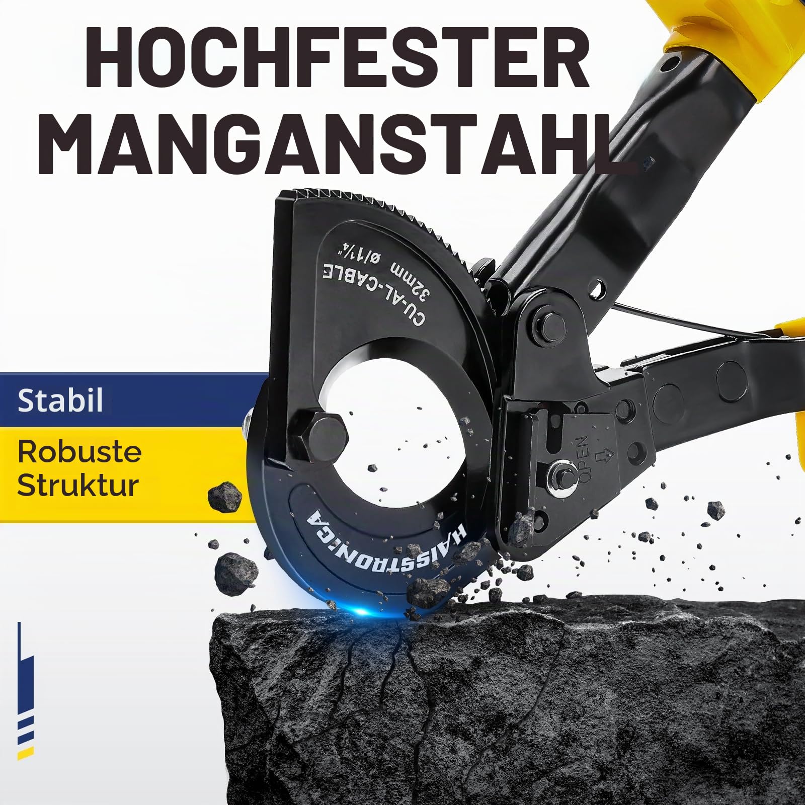 haisstronica Kabelschere, Ratschen-Kabelschneider, Hochleistungs-Drahtschneider zum Schneiden von Kupfer-Aluminium-Kabeln bis zu 500 Kcmil