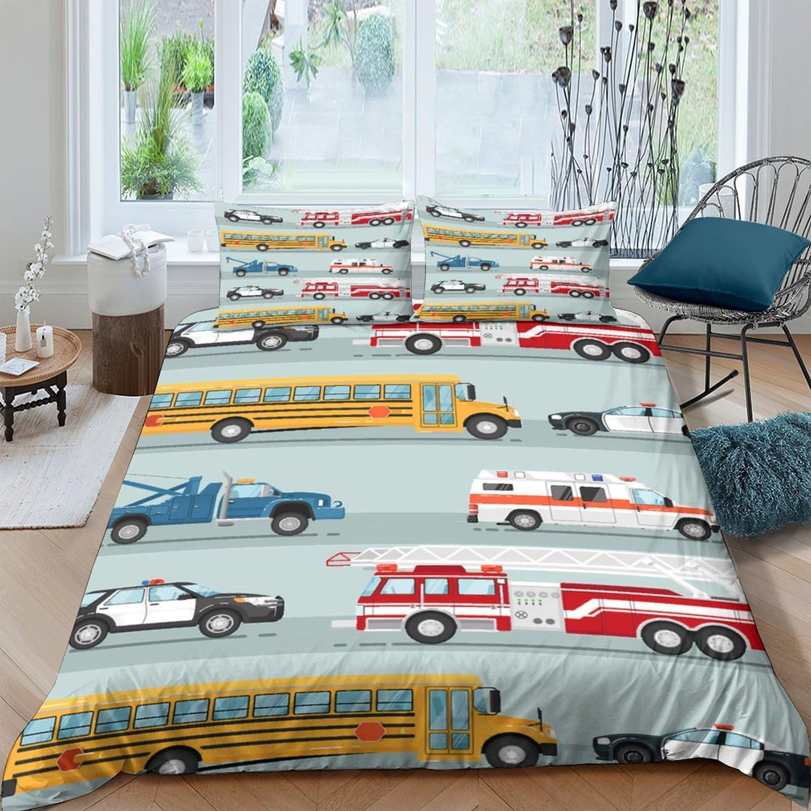 Ctjqhvkz Style-3 3D Printed School Bus Fitted Sheet Microfiber Soft Breathable Fire Truck Mattress Cover For Bedroom Dorm Décor Single（135X200cm）