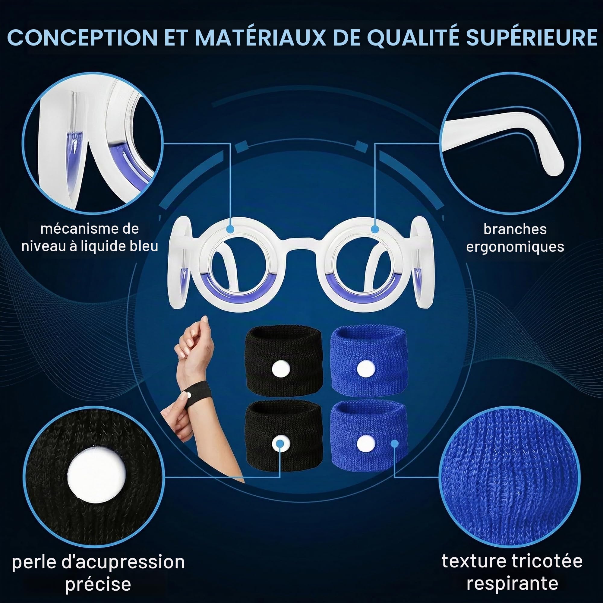 Lunettes Anti Mal des Transports et Anti Nausée, avec 2 Bracelets Anti Vomissement, pour Voiture, Bateau, Croisière et Avion