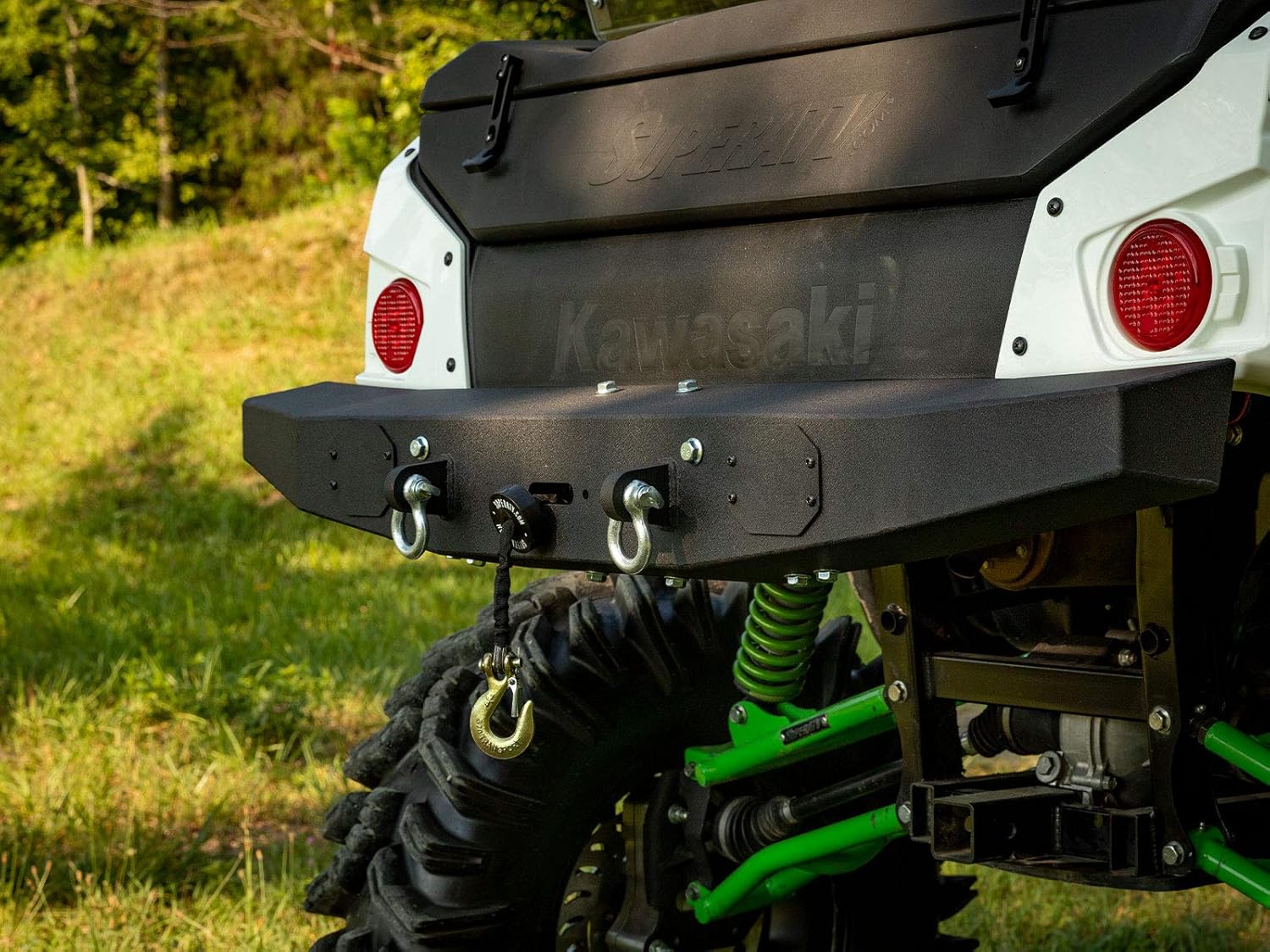 SuperATV Winch Ready Rear Bumper Compatible With Kawasaki Teryx 4 750: 2012-2013/Teryx 4 800: 2014+, Thick Sheet Metal, Built-In Winch Mount Prefit for Black Ops Winch, USA Made