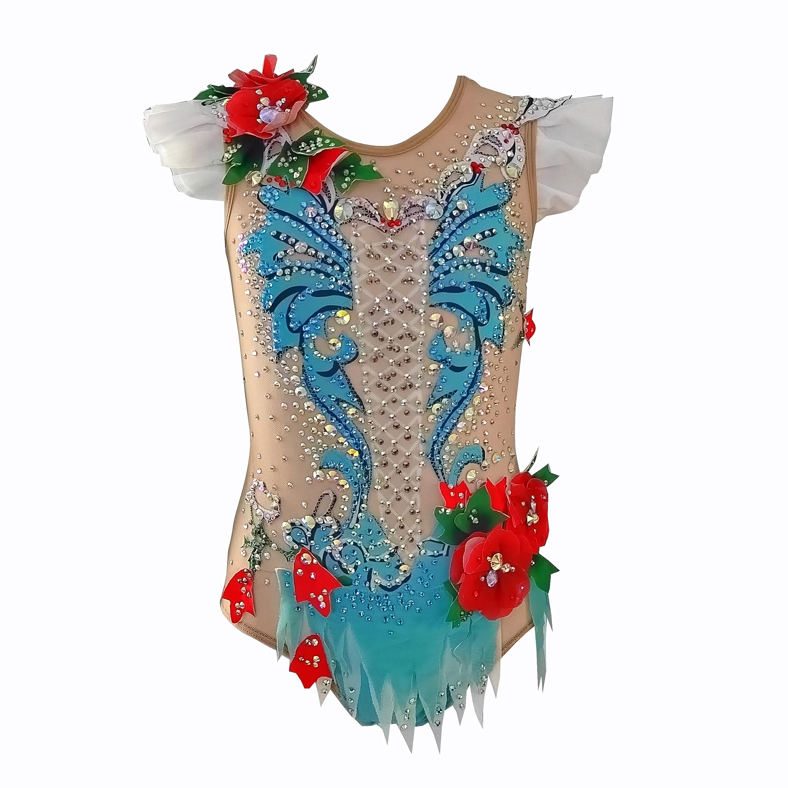 LIUHUO Justaucorps de gymnastique rythmique rouge avec fleurs artificielles pour compétition