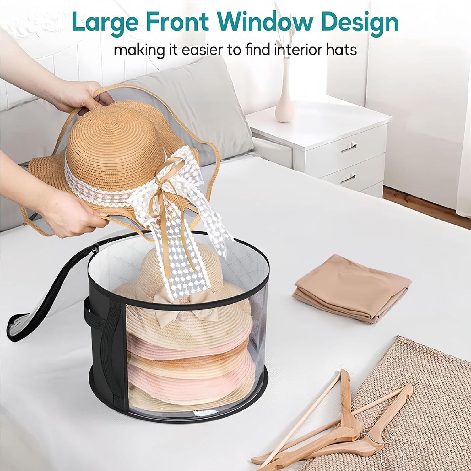 Clear Hat Storage Box with Black Trim, Round Container for Sun Hats and Wide Brim Hats, Transparent Dust-Proof Organizer with Zipper Closure