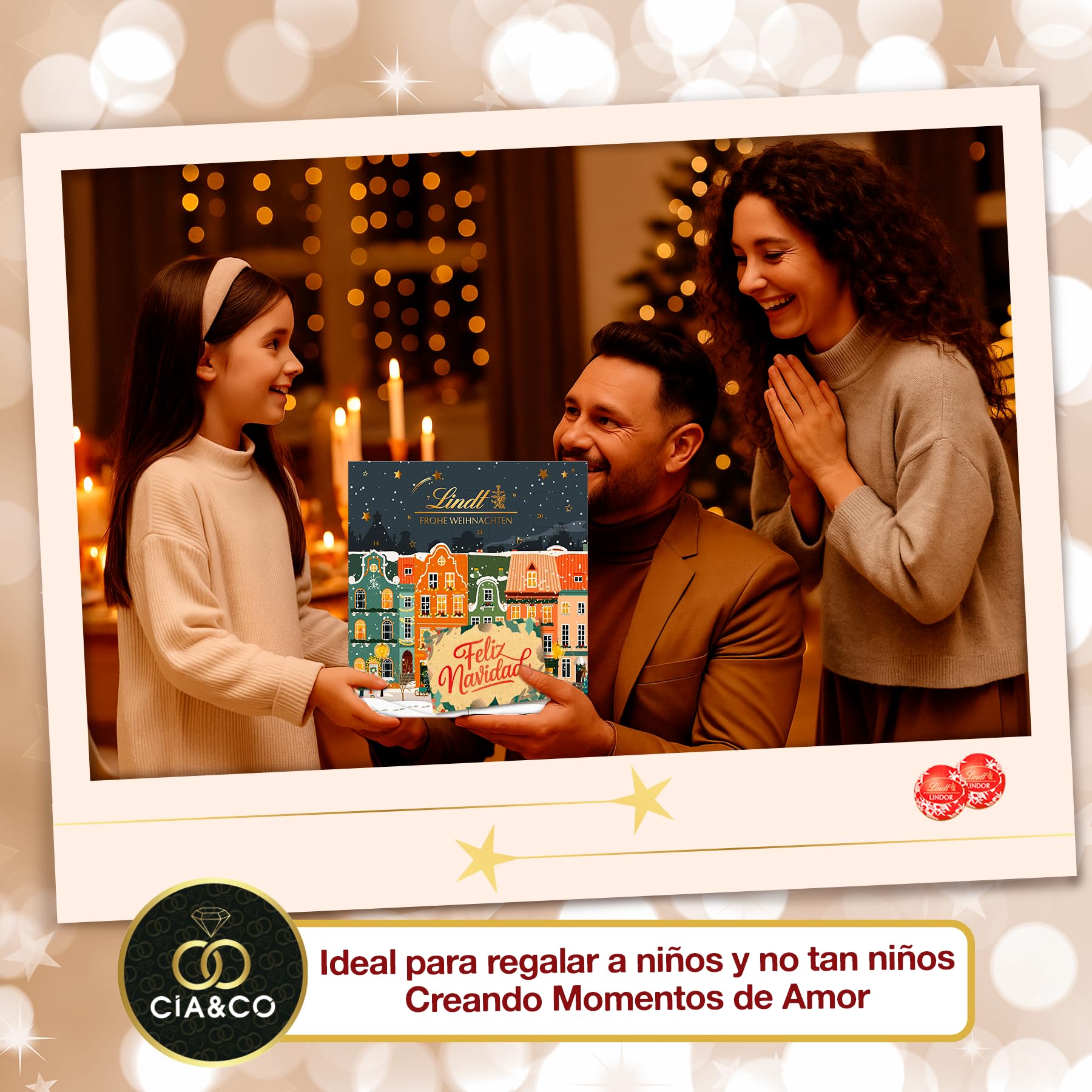 Calendario de Adviento LINDT Ciudad Navideña XXL 2025 · Formato Desplegable con Efectos Dorados · Bombones, y Figuras Lindor · Incluye Tarjeta Personalizada Cia&Co · Regalo Premium de Navidad 153 g