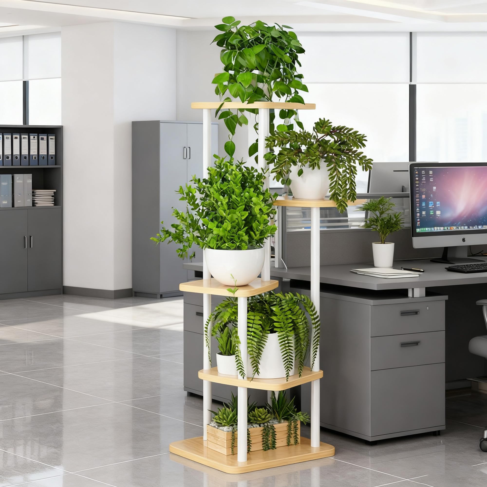 Étagère d'angle en Bois et Métal à 5 Niveaux pour Plantes, Support Plantes Interieur, Étagère à Fleurs d'angle pour Intérieur et Extérieur, pour Plantes, pour Balcon, Jardin, Blanc
