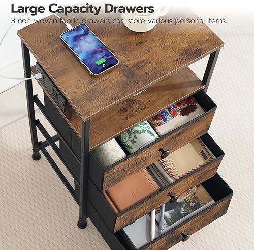 Miniatura 5 de Mesita de noche con estación de carga, mesa auxiliar con 3 cajones de tela, mesita de noche con puertos USB y tomacorrientes, mesita de noche para