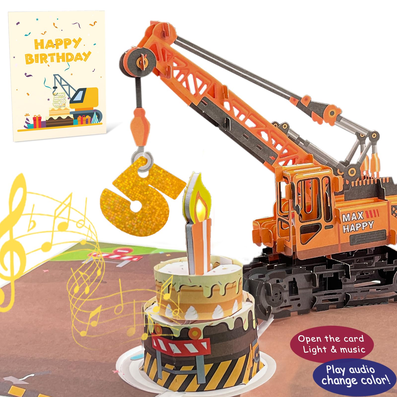 DTESL 3D Greeting Pop Up 5th Birthday Card with light and music, Crane Truck card For Boy, Nephew, Grandson, Son, Toddler, with Envelope, Message Card