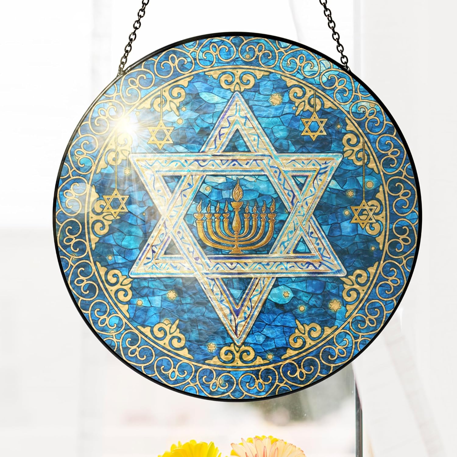FLAGWIX Christmas Hanukkah Gifts for Women Men - Stained Glass Window Hanging 8 in - Christmas Decorations for Home Indoor Window, Religious Spiritual Gifts for Mom, Hanukkah Sun Catcher Hanging Decor Royal – Hanukkah Radiance 8 in