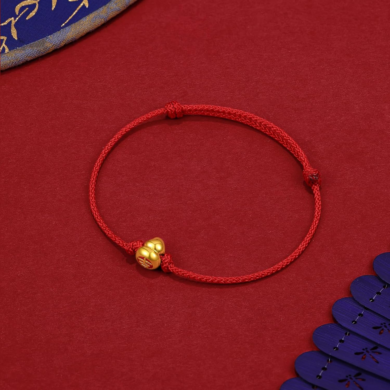 24K Gold Bracelet Red Charm Bracelets Protection Jewelry Gourd Chain Adjustable Bangle Good Luck Beads Lucky Charms Feng Shui Braided Rope Dainty Wulu Cord Stackable Blessing Gift for Women Men - Image 6