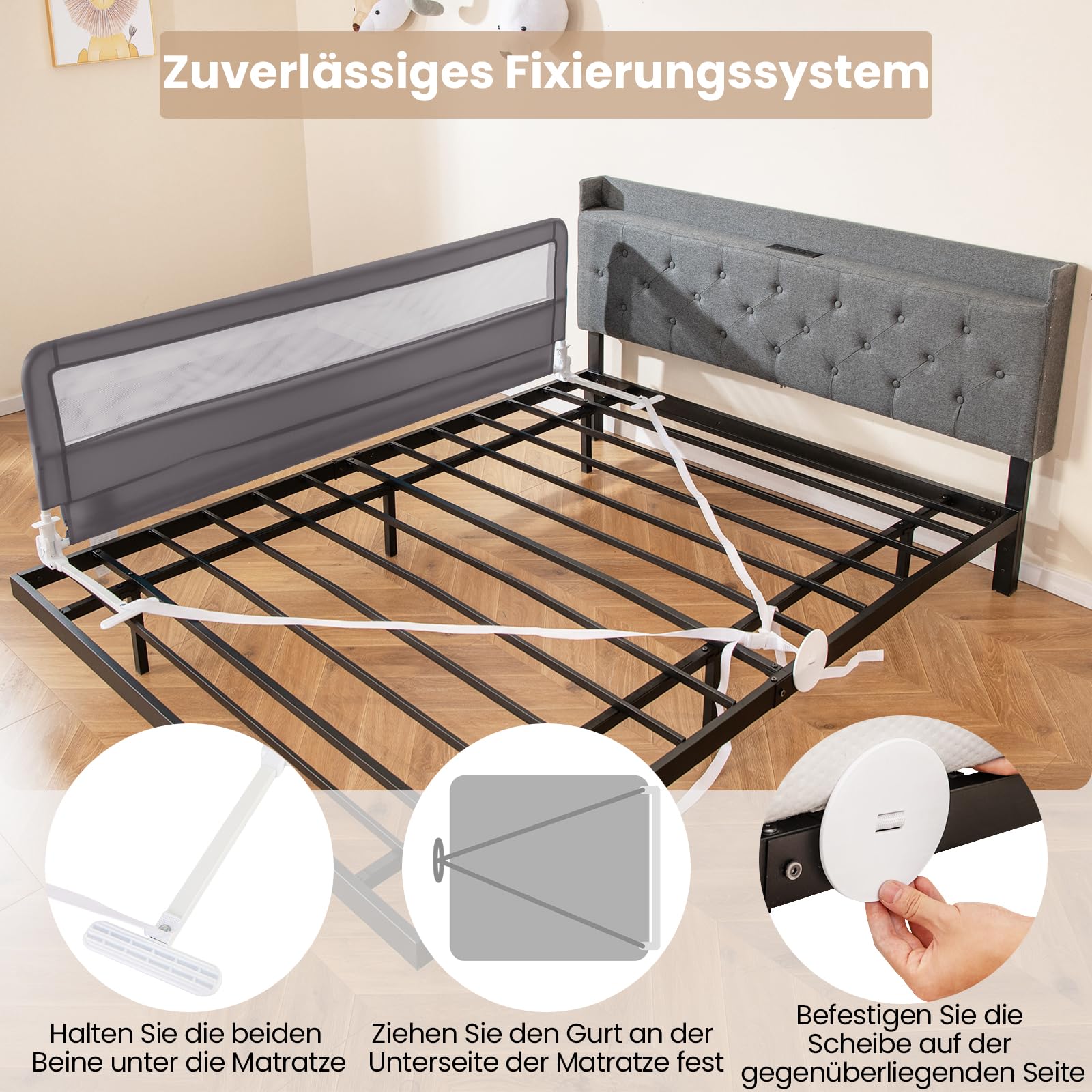 GOPLUS Bettgitter klappbar, Kinderbettgitter mit Sicherheitsgurten, atmungsaktives Gewebe, für Zwillings-, Einzel-, Doppel-, Voll-, Queen- und King-Size-Matratzen, 180 cm x 56 cm (Grau)