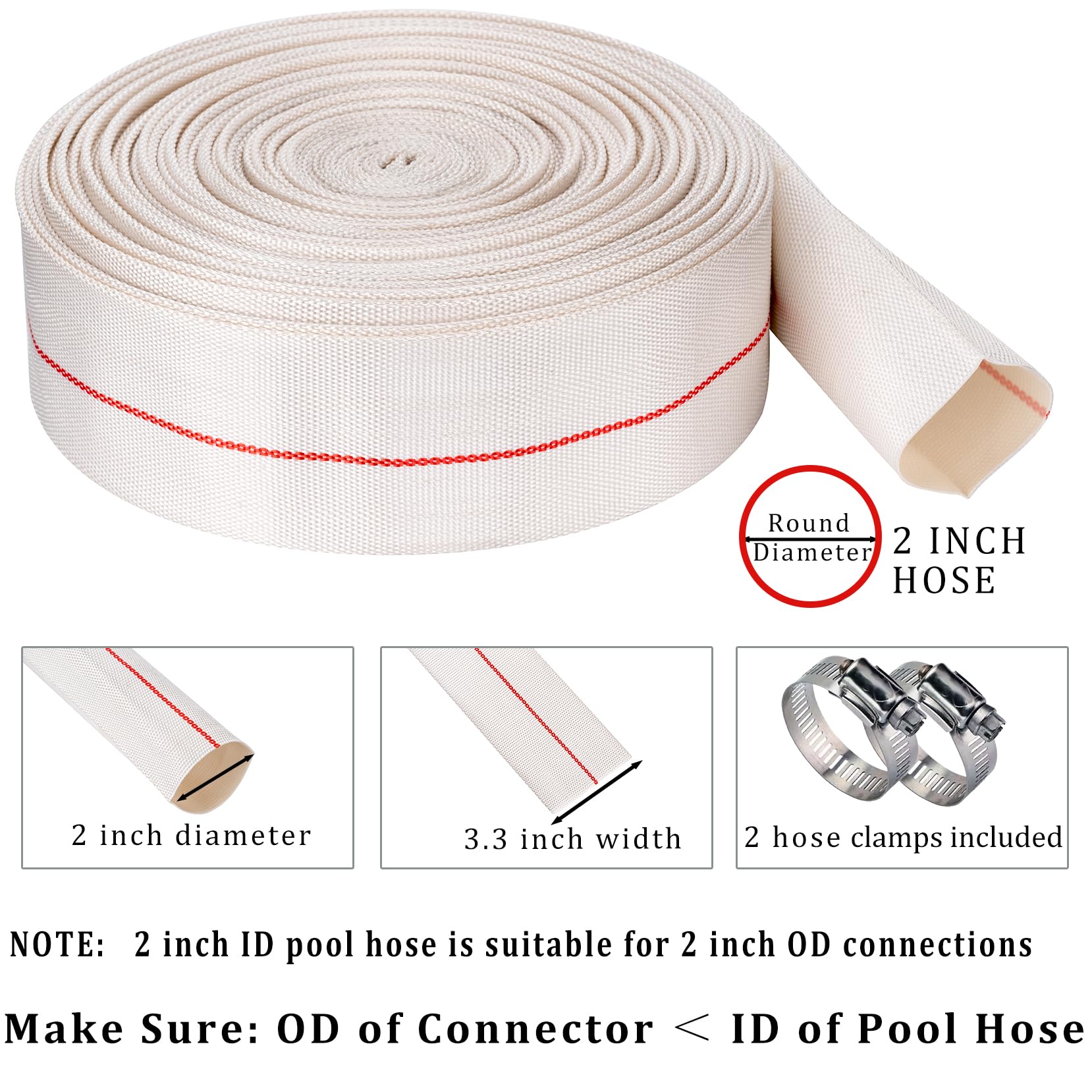 Manguera de retrolavado de piscina de 2 pulgadas x 65 pies, manguera de descarga de agua de PVC de uso general, flexible, reforzada, plana, tubo de drenaje para aplicaciones de transferencia de agua