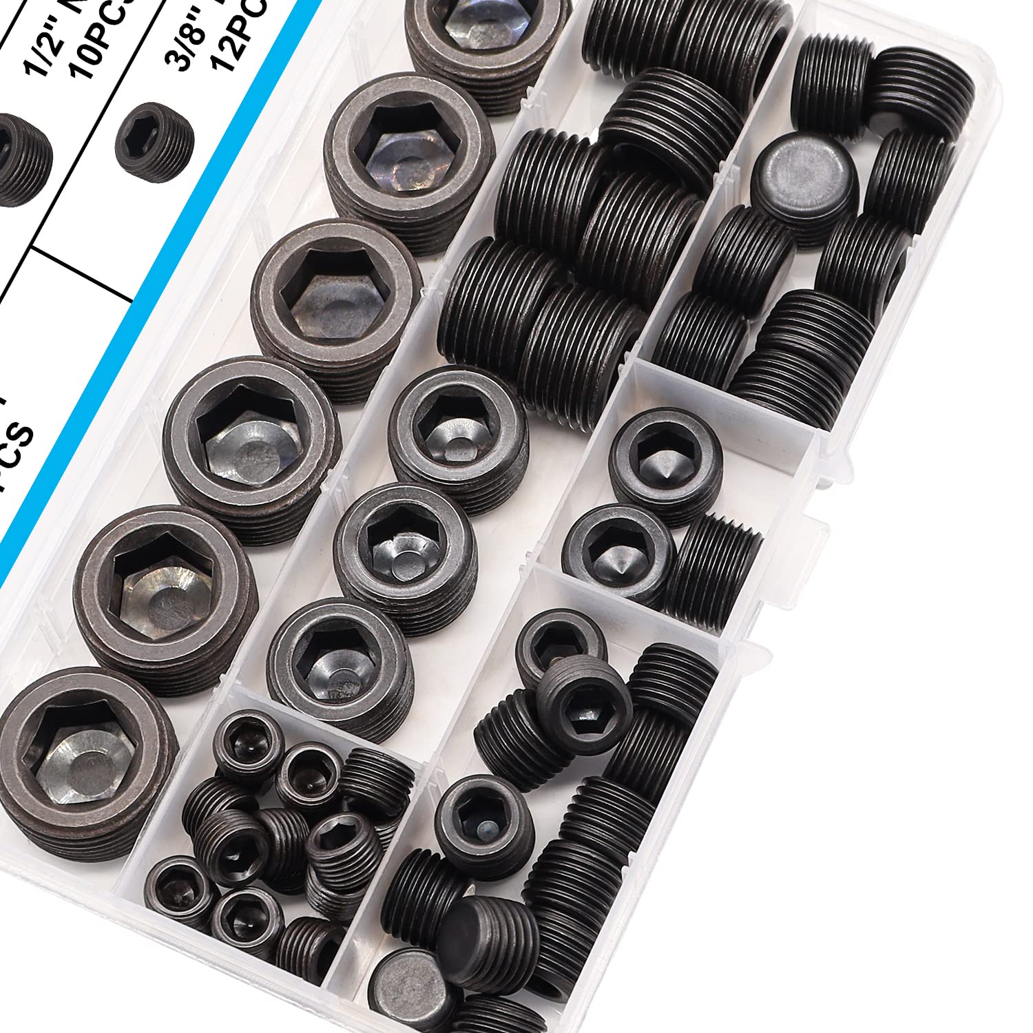 60PCS Black Carbon Steel Pipe Plug Fitting Assortment Kit - 5 Sizes 1/8" 1/4" 3/8" 1/2" 3/4" NPT Male Internal Hex Thread Socket for Sealing Port H-053