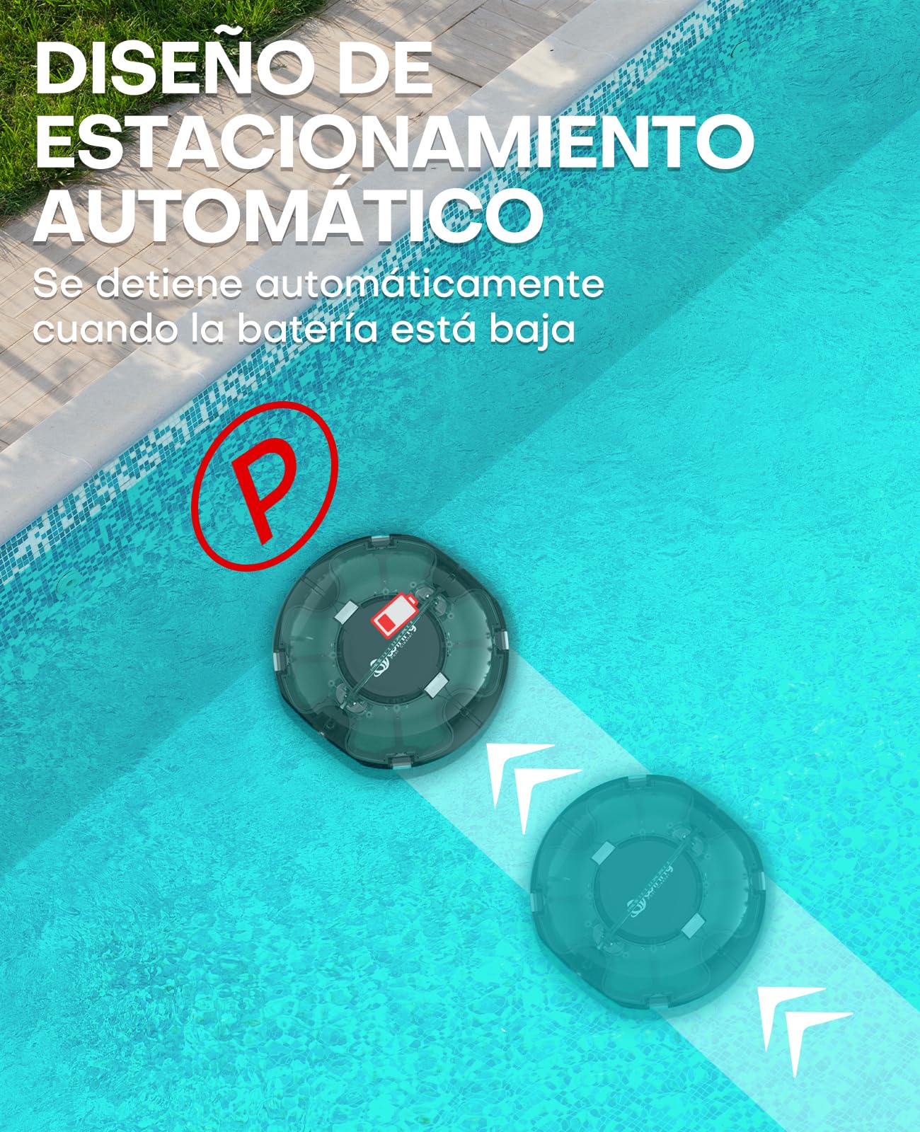 WINNY POOL CLEANER Winny 200 Limpiafondos Piscina, Inalámbrico Robot Limpiafondos Piscina, 75Min Autonomía, Piscinas Desmontables 60m², Doble Filtración,Estacionamiento Auto(Transparente Verde Blanco)