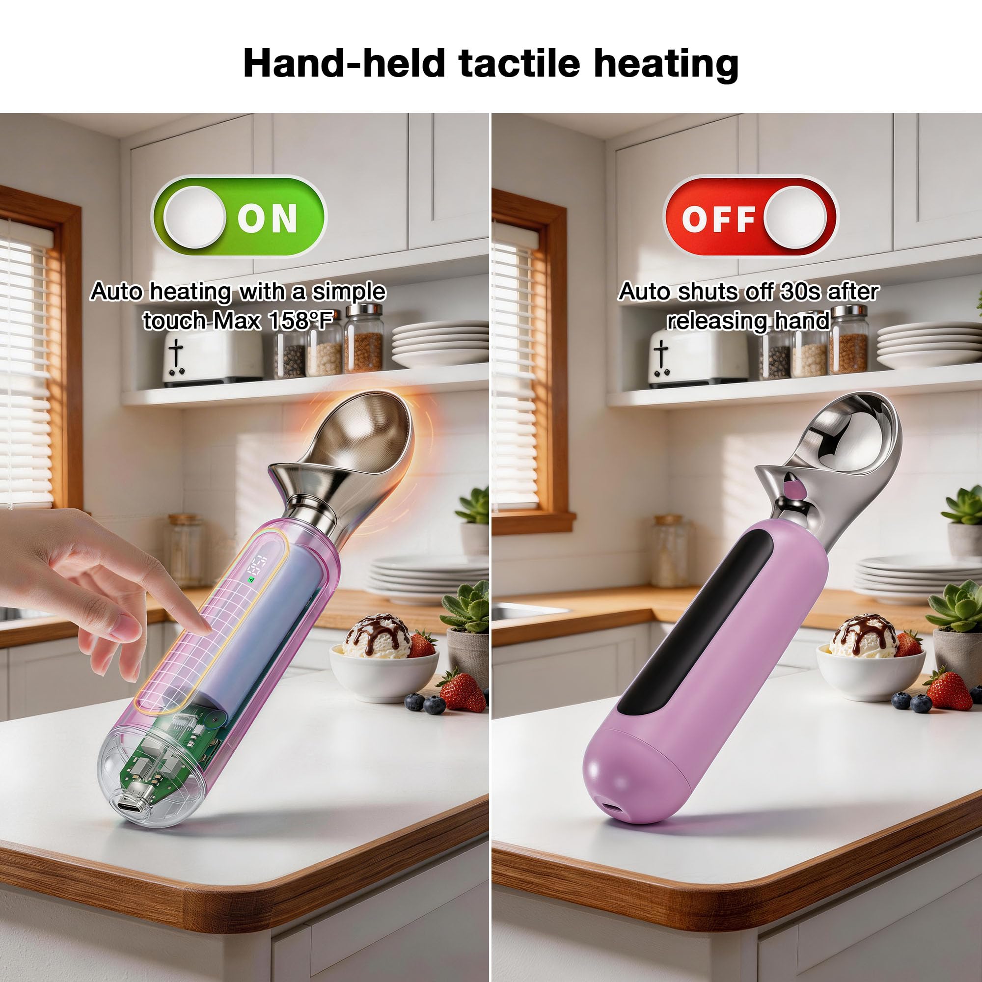 Paletta per gelato riscaldata, ricaricabile, elettrica, con display a LED, interruttore on/off, impermeabile IP67, riscalda fino a 70 °C, per gelato duro (rosa)