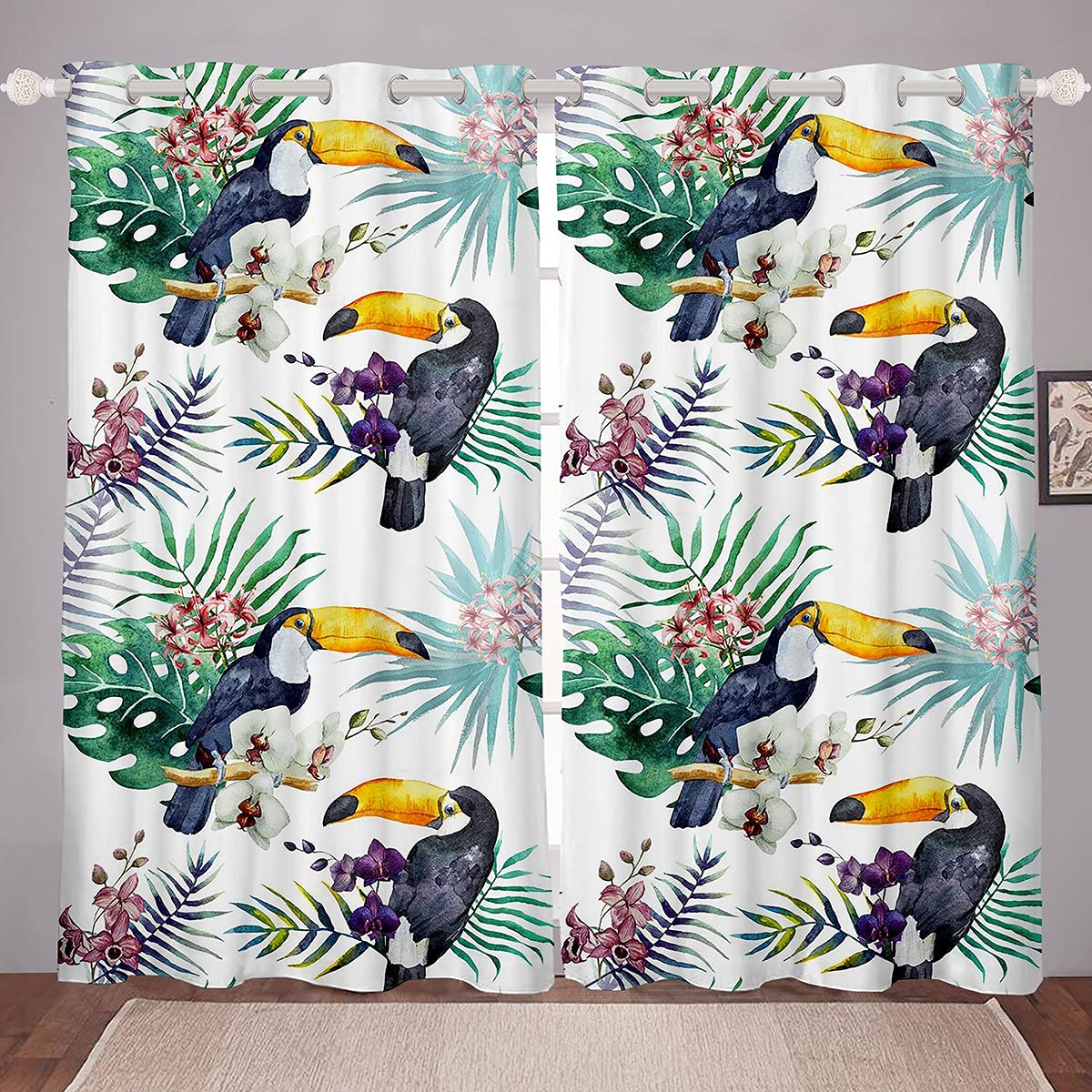 Loussiesd Tropical Rainforest Plant Toucan Set Window Curtain Treatment Solid Eyelet Curtain for Living Room Nursery Kids Room 2 Panels W46*L54