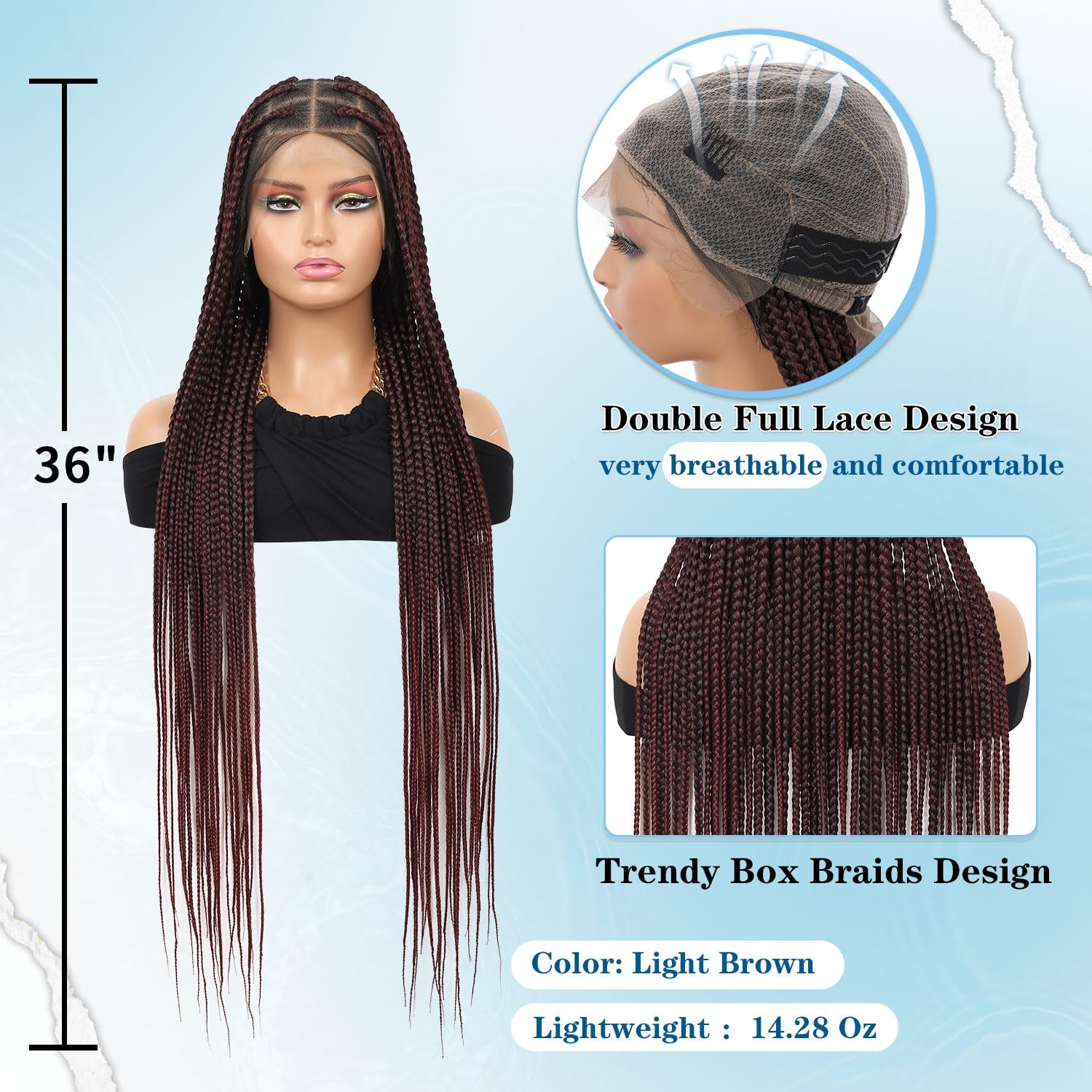 Knotless Braided Wigs for Black Women Full Lace Burgundy Red Box Braided Wigs Box Braid Wig with Baby Hair Wine Red Synthetic Full Double Lace Knotless Braided Wig,36 inch
