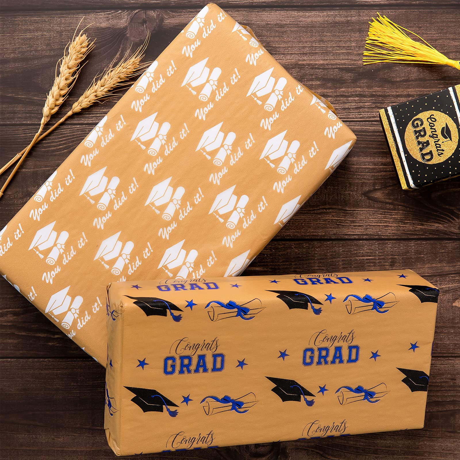 Whaline Graduation Tissue Paper Bulk 6 Style Kraft Gift Wrapping Tissue Grad Cap Congrats Grad Stripes Diploma Pattern Decorative Tissue Paper for Art Crafts Grad Party Gift Decor Supplies, 90 Sheet 2