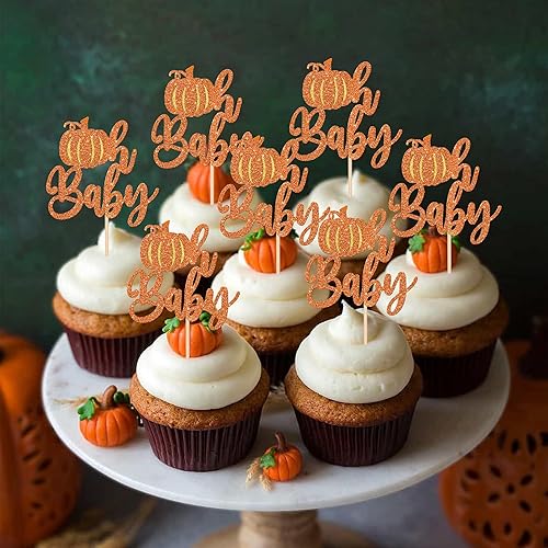 Miniatura 7 de 24 adornos para cupcakes de calabaza Oh Baby con purpurina para decoración de cupcakes de baby shower, decoración de cupcakes de calabaza para