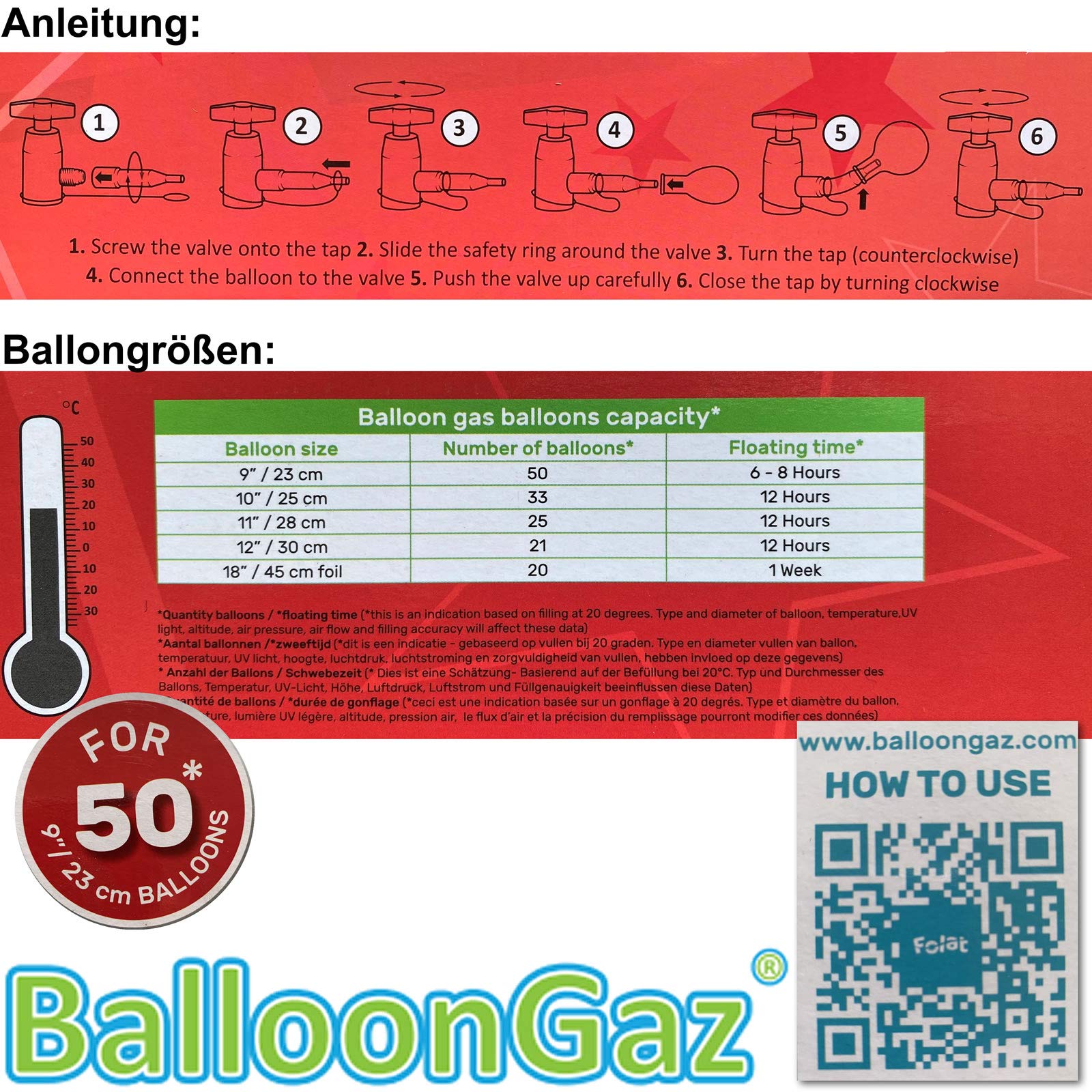 BALLONGAS FÜR 50 LUFTBALLONS + 50 BALLONS + FÜLLVENTIL + 50 ÖKO-BALLONSCHNUR | Helium Einweg Flasche Luftballon Folienballon Deko Geburtstag Party Hochzeit