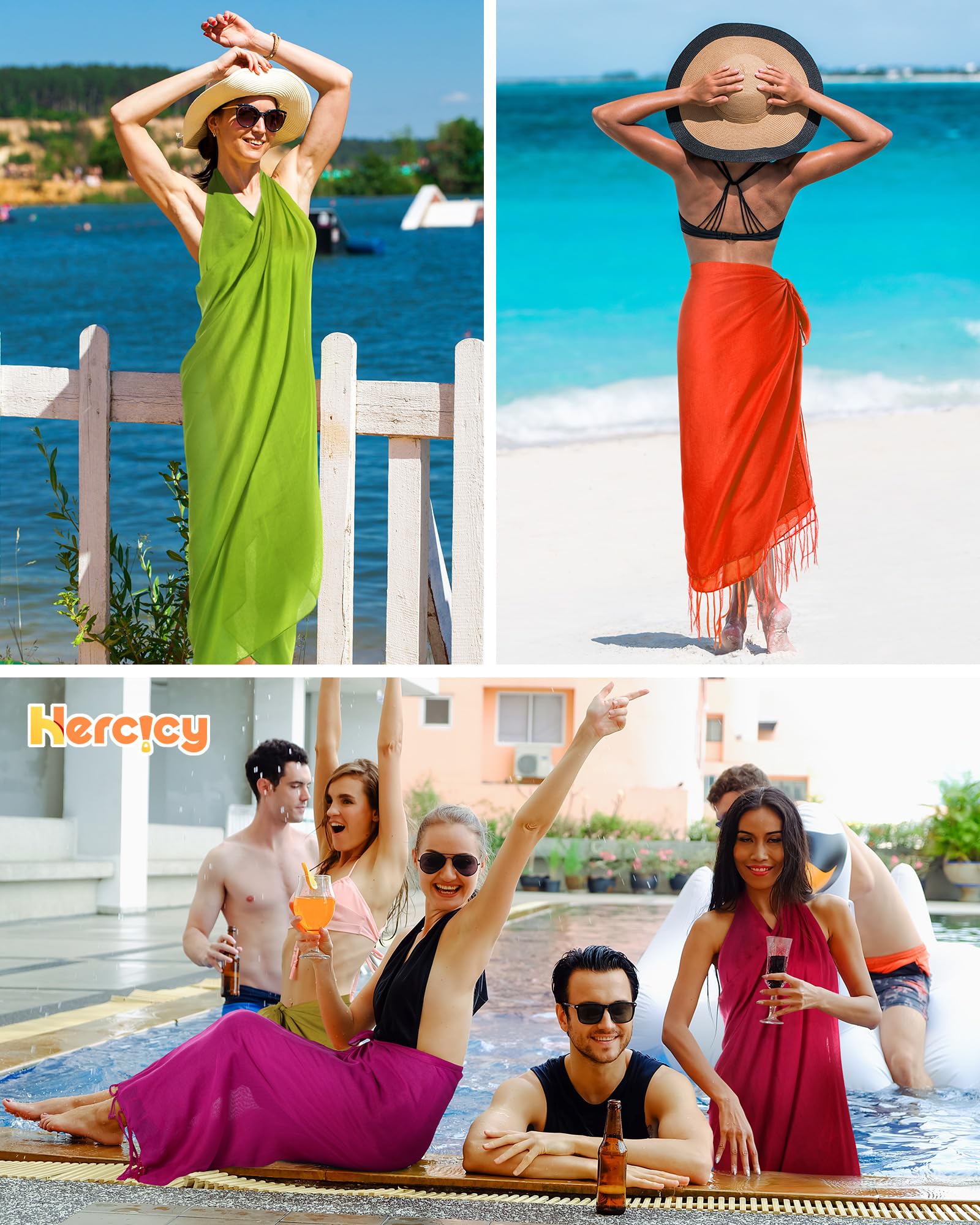 Hercicy 6 Stück Frauen Strand Lange Sarong Wrap Coverups Batik Wrap Pareo mit Quaste für Frauen Sarong für Strand