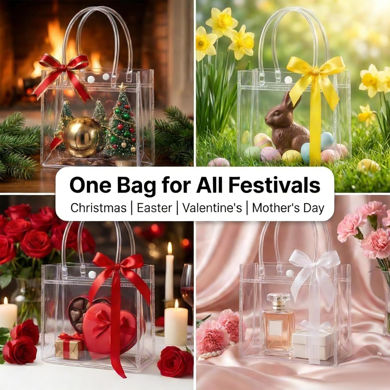 MAQIHAN Clear Gift Bags with Handles - 10 Party Favor Candy Bags, Plastic Goodie Bags Transparent, bolsitas, for Valentines, Mother's Day, Christmas, Baby Shower, Wedding, Birthday, Mini 5.9'' x 6.3''