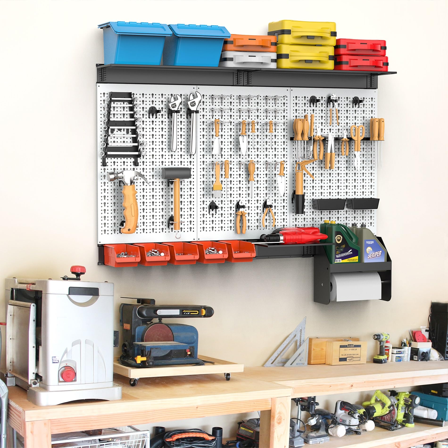 TORACK Organizer ścienny z tablicą Pegboard, 1,2 m, garaż, metalowy zestaw do przechowywania narzędzi z haczykami na tablicę narzędziową, pojemniki montowane na ścianie, uchwyt na ręczniki papierowe,