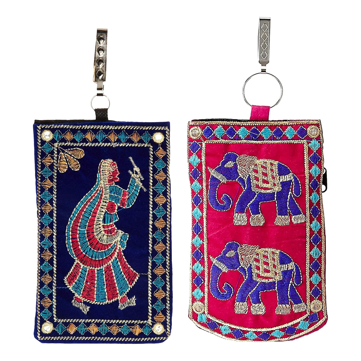 Kuber Industries Mobile Cover | Mobile Cover with Saree Hook | Mobile Bag Pouch for Woman | Wedding Mobile Cover | Embroided Velvet Mobile Cover | Pack of 2 | Assorted