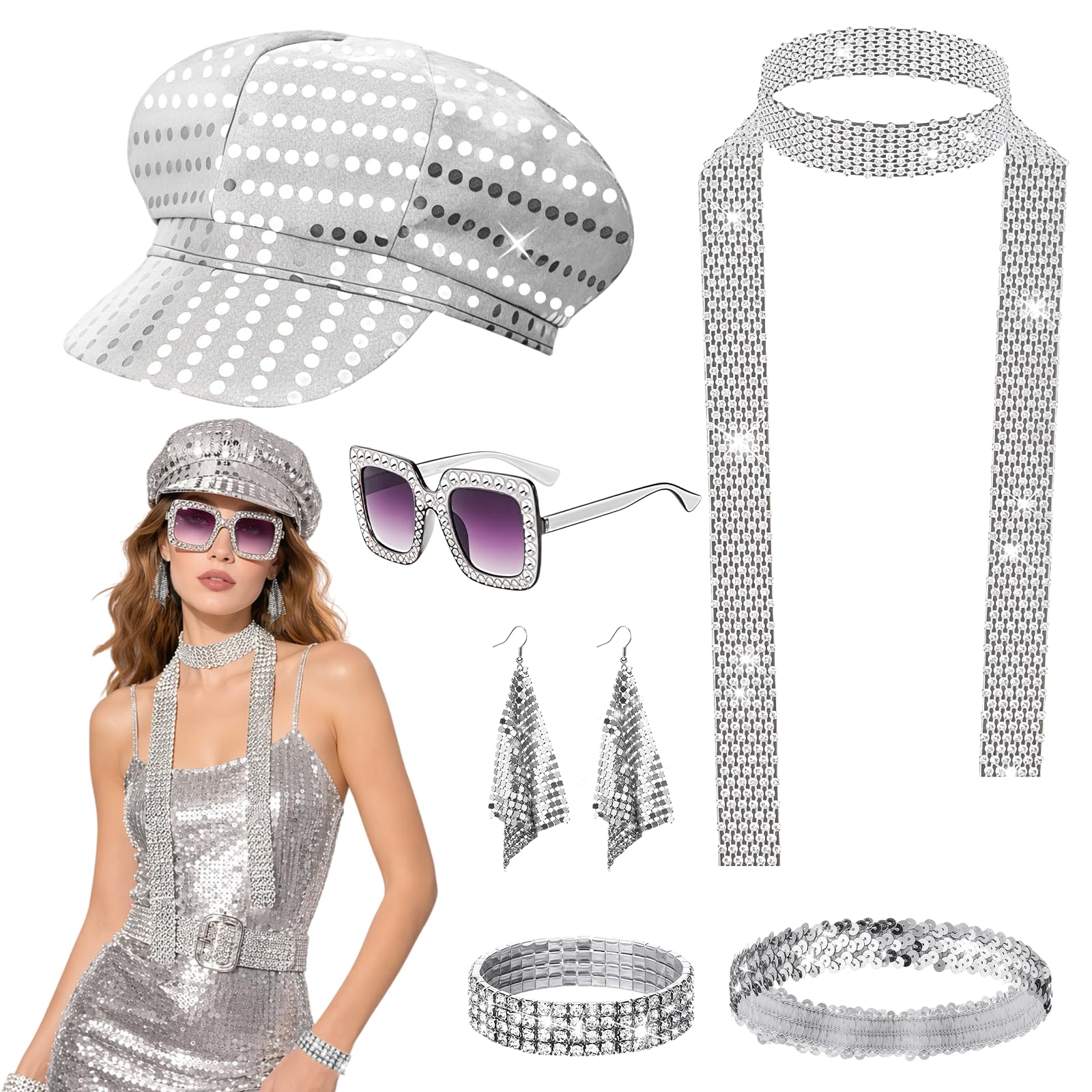 BORISCA 7PCS Disco Accessories for Women Sparkly 70s Accessories for Women