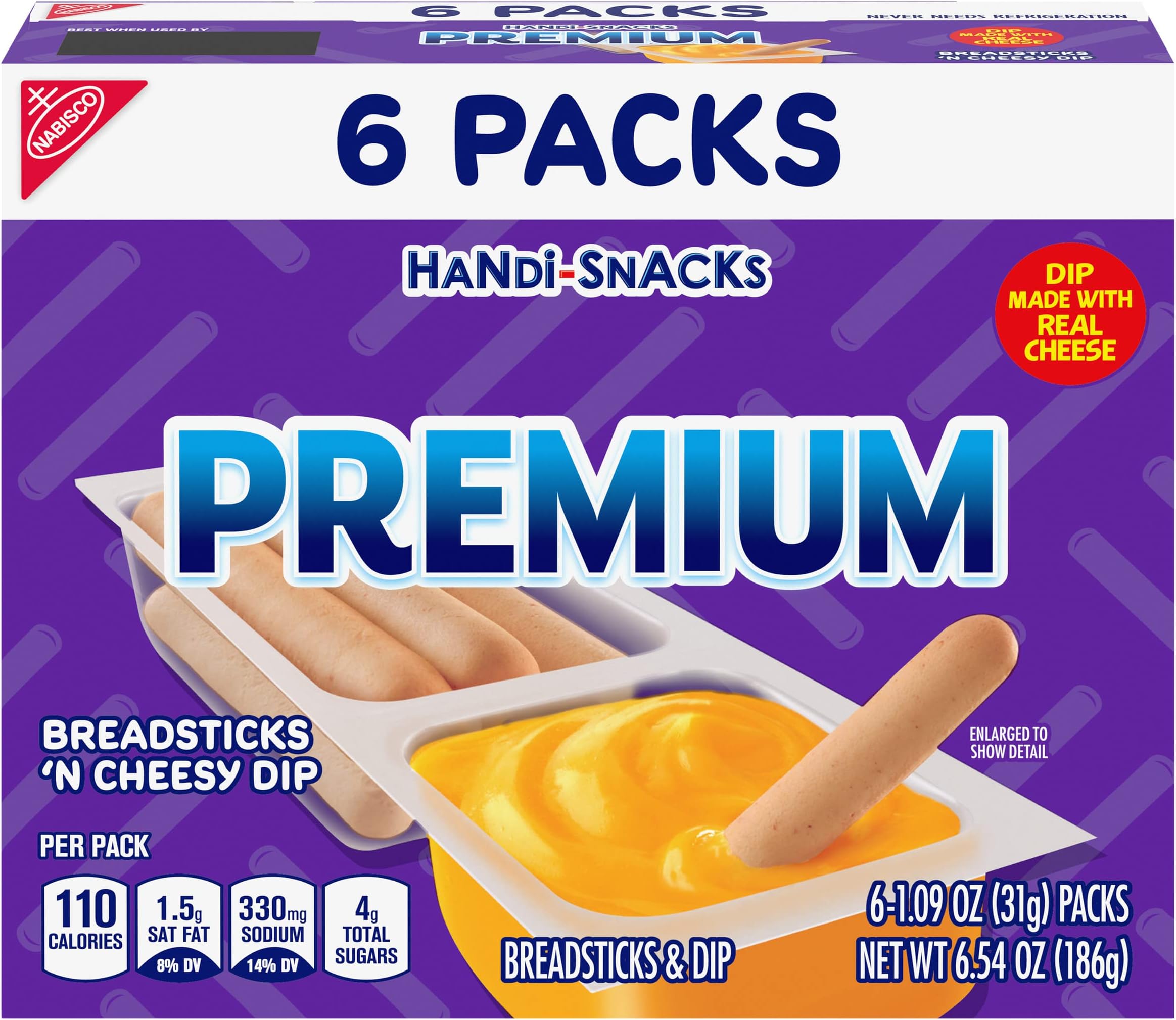 Handi-Snacks Premium Breadsticks 'N Cheesy Dip Snack Packs,6.54 Oz (Pack of 6)