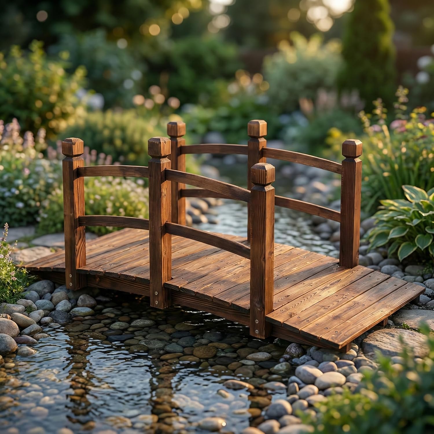 5ft Arched Garden Bridge, Carbonized Wood Footbridge with Safety Side Rails, Decorative Landscape Bridge for Pond, Backyard, and Creek Walkway, 500lbs Capacity, Rustic Brown