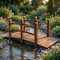5ft Arched Garden Bridge with Safety Rails - Carbonized Fir Wood Footbridge, 500lbs Capacity for Pond, Backyard, Creek Walkway, Rustic Brown