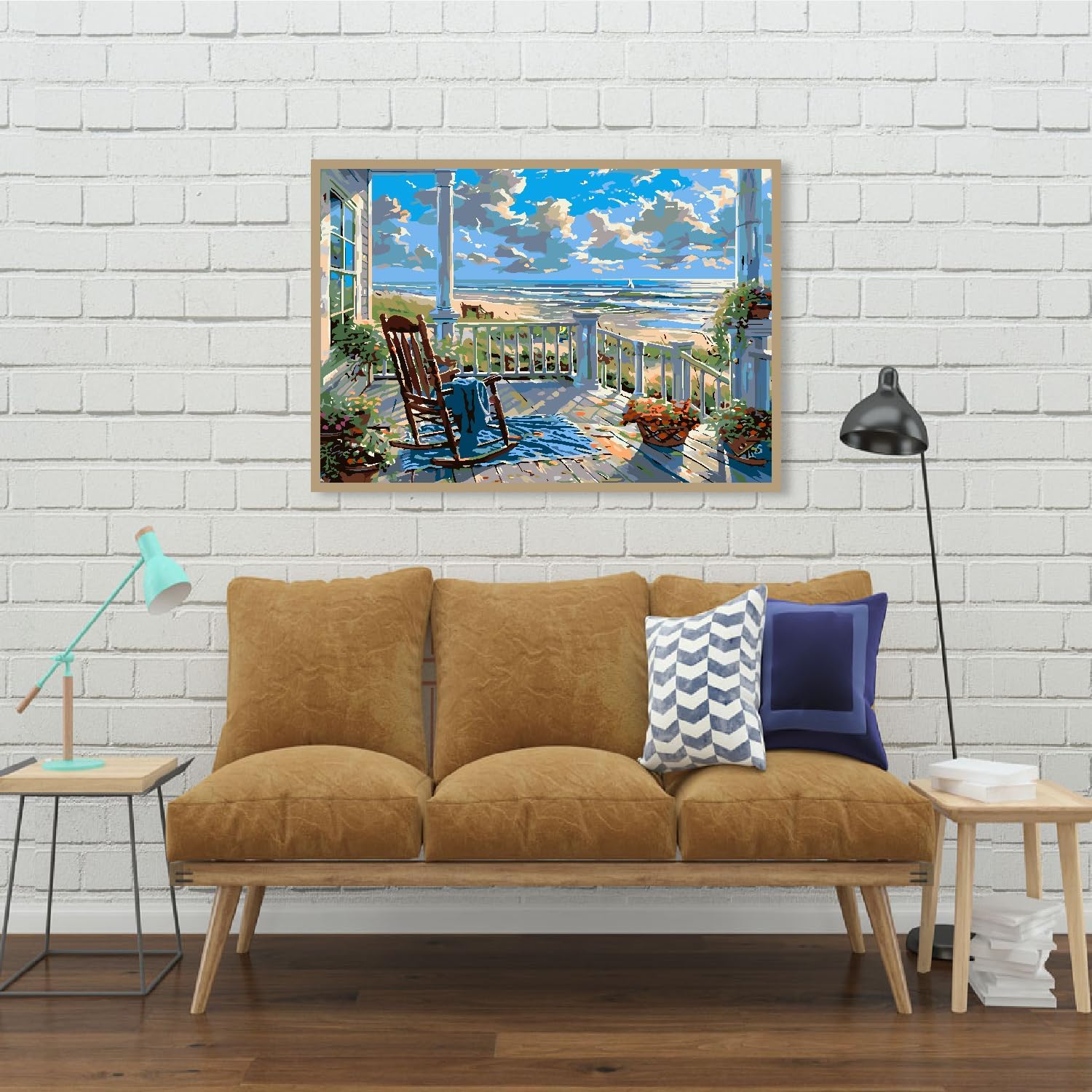 Clendo Landscape Paint by Numbers for Adults with Easel, Beach Adult Paint by Number Kits on Canvas, Framed DIY Color Oil Painting Acrylic Paints,Home Wall Decor 12x16inch