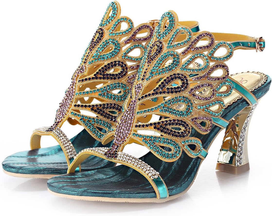Women's Rhinestone Peacock Patterned Handmade Sandals with Chunky Heel