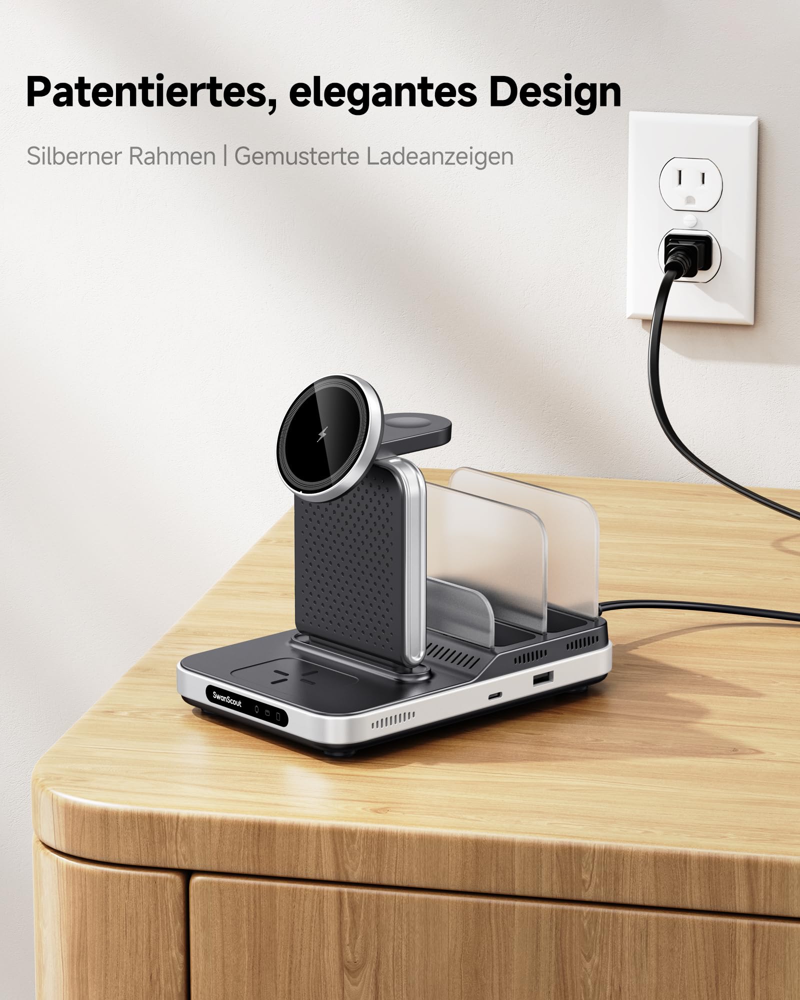 SwanScout Induktive Ladestation für iPhone, 5 in 1 Ladestation für iPhone Air/17/16/15/14/13/12 Serie, Kabelloses Ladegerät für Apple Watch Ultra 2/10/9, für AirPods/iPad/Tablet/Switch, SwanScout 901M