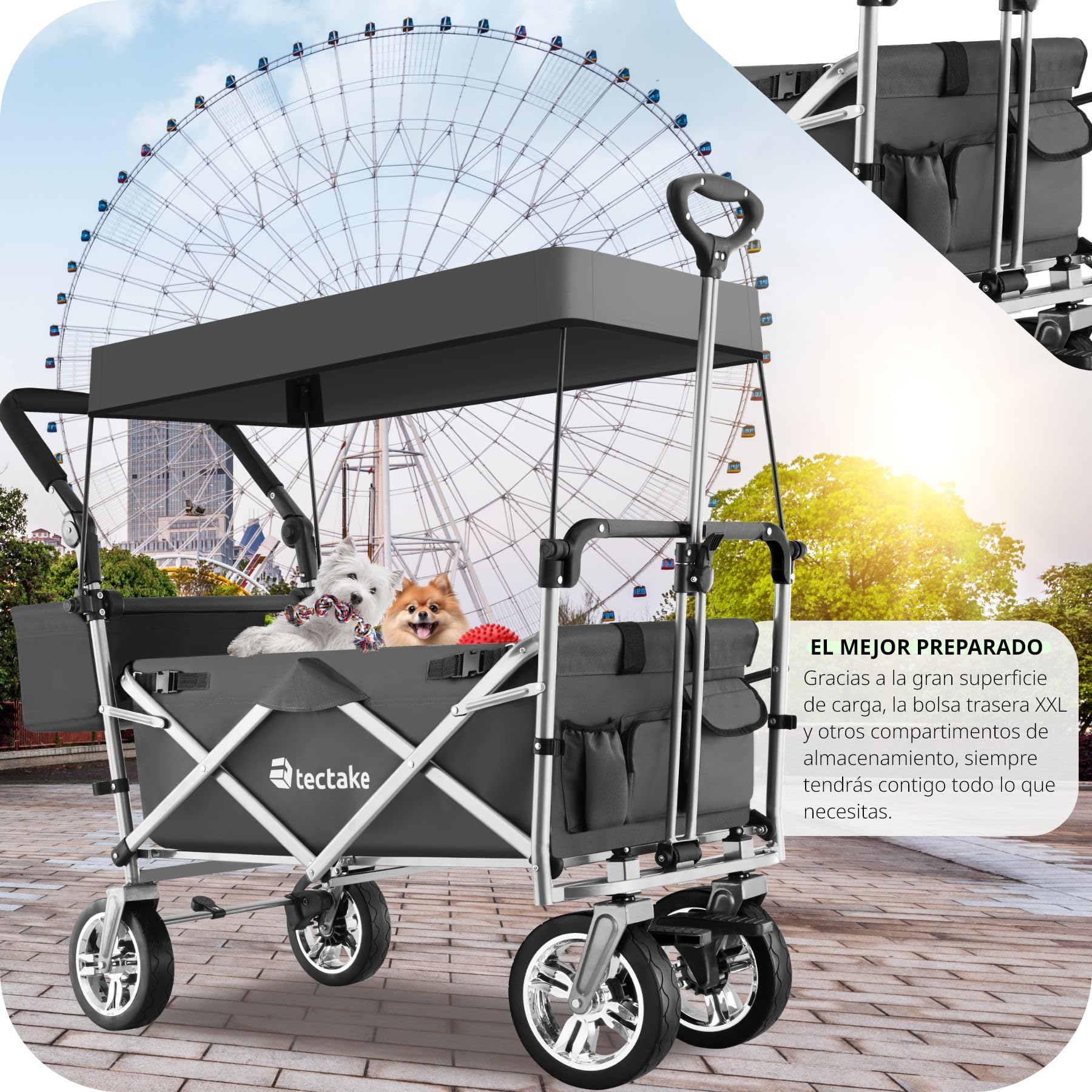 tectake® Carro Plegable para Jardín, Carro Transporte con Techo Desmontable, Carrito Playa con Asa Telescópica, Carretilla Jardín con Bolsa Trasera, Carro Camping Multiuso, Capacidad 80 kg - gris