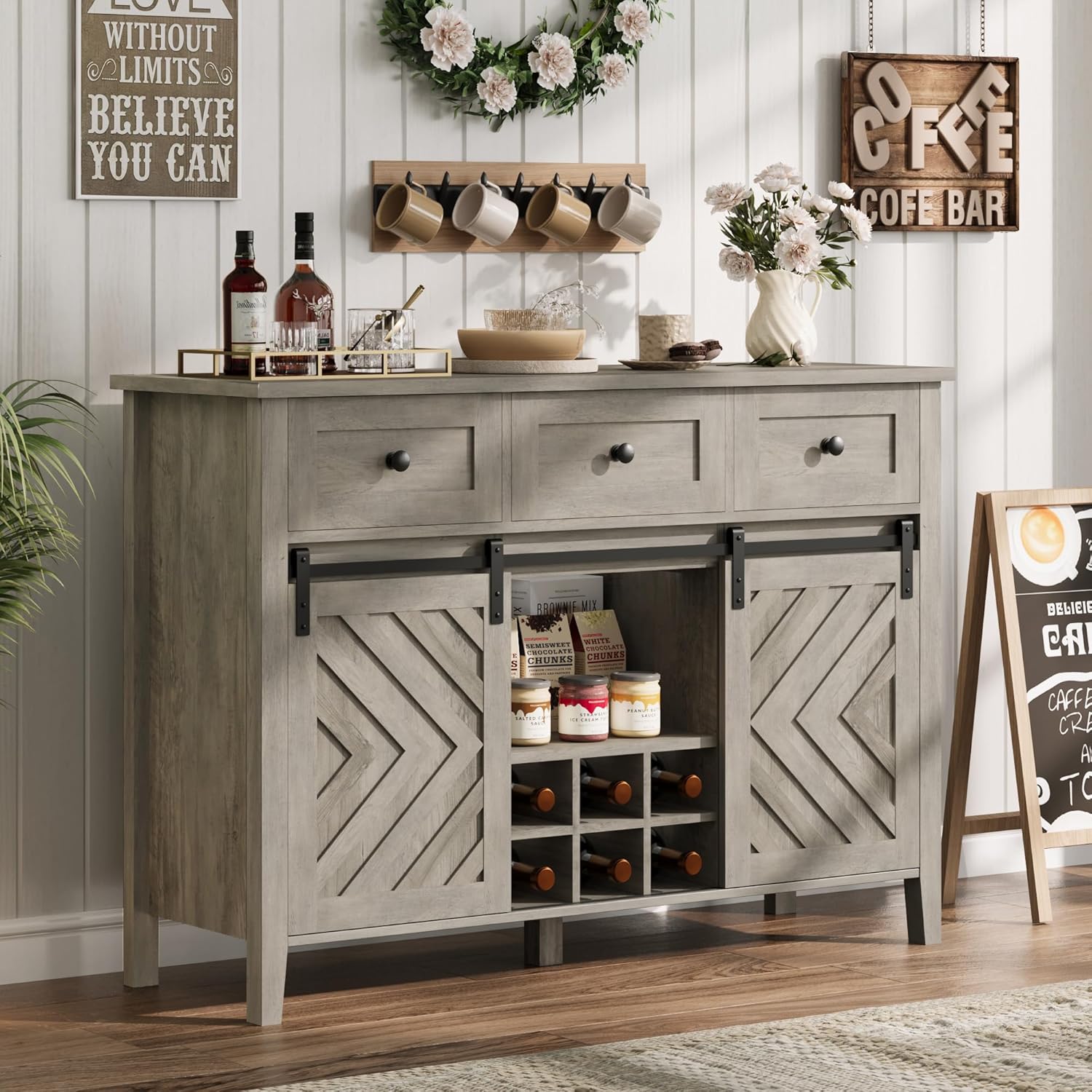 GarveeHome 47.2 in Farmhouse Buffet Cabinet with Sliding Barn Door, Rustic Sideboard with 3 Drawer, Removable Wine Rack, Farmhouse Sideboard with Adjustable Shelf for for Dining Room, Kitchen, Vintage