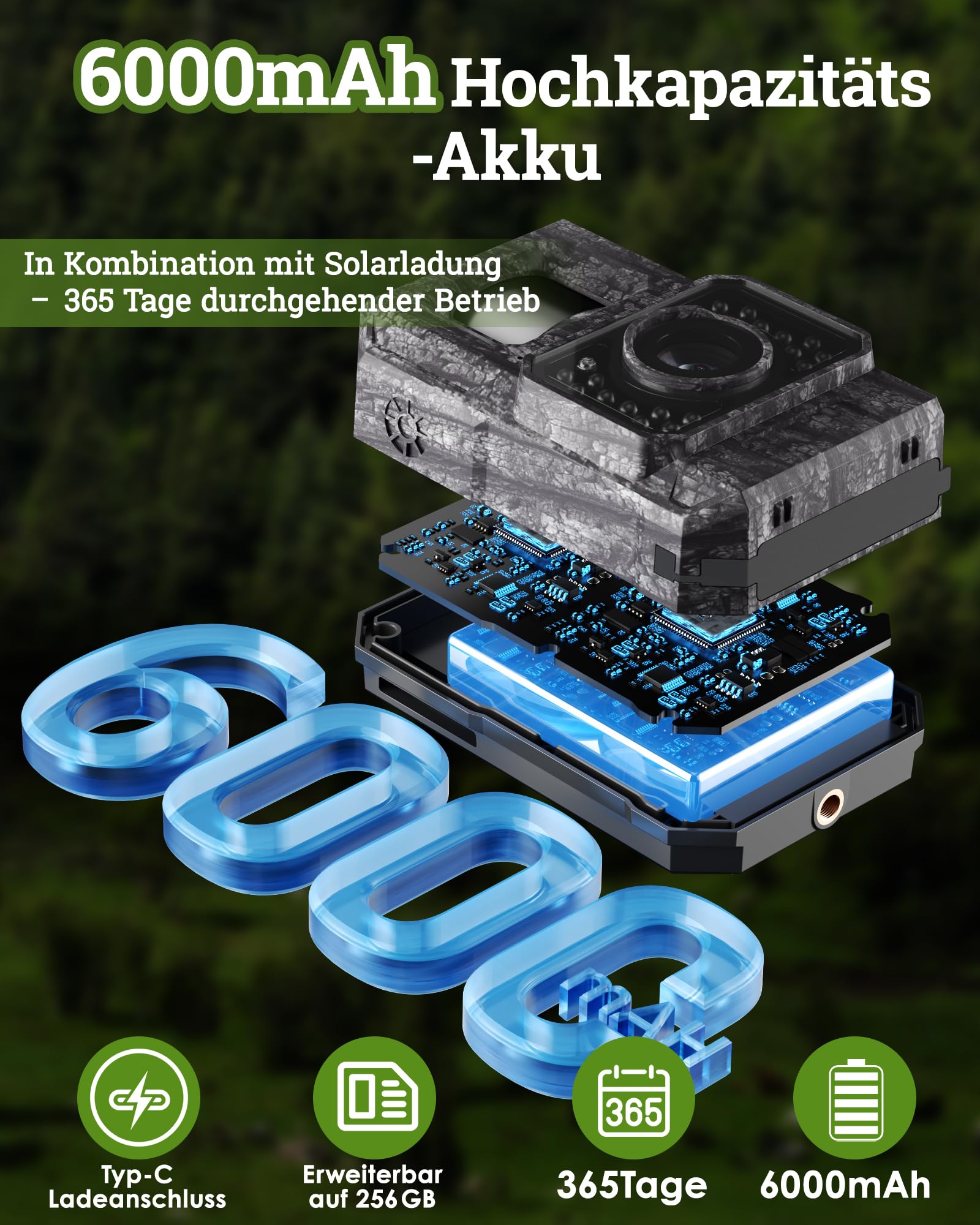MAXDONE Wildkamera Solar WLAN mit Handyübertragung App - 4K 64MP Wildtierkamera Bluetooth mit Bewegungsmelder Nachtsicht 6000mAh Lithium-Batterie, 32GB SD-Karte, Nachtsichtkamera IP66