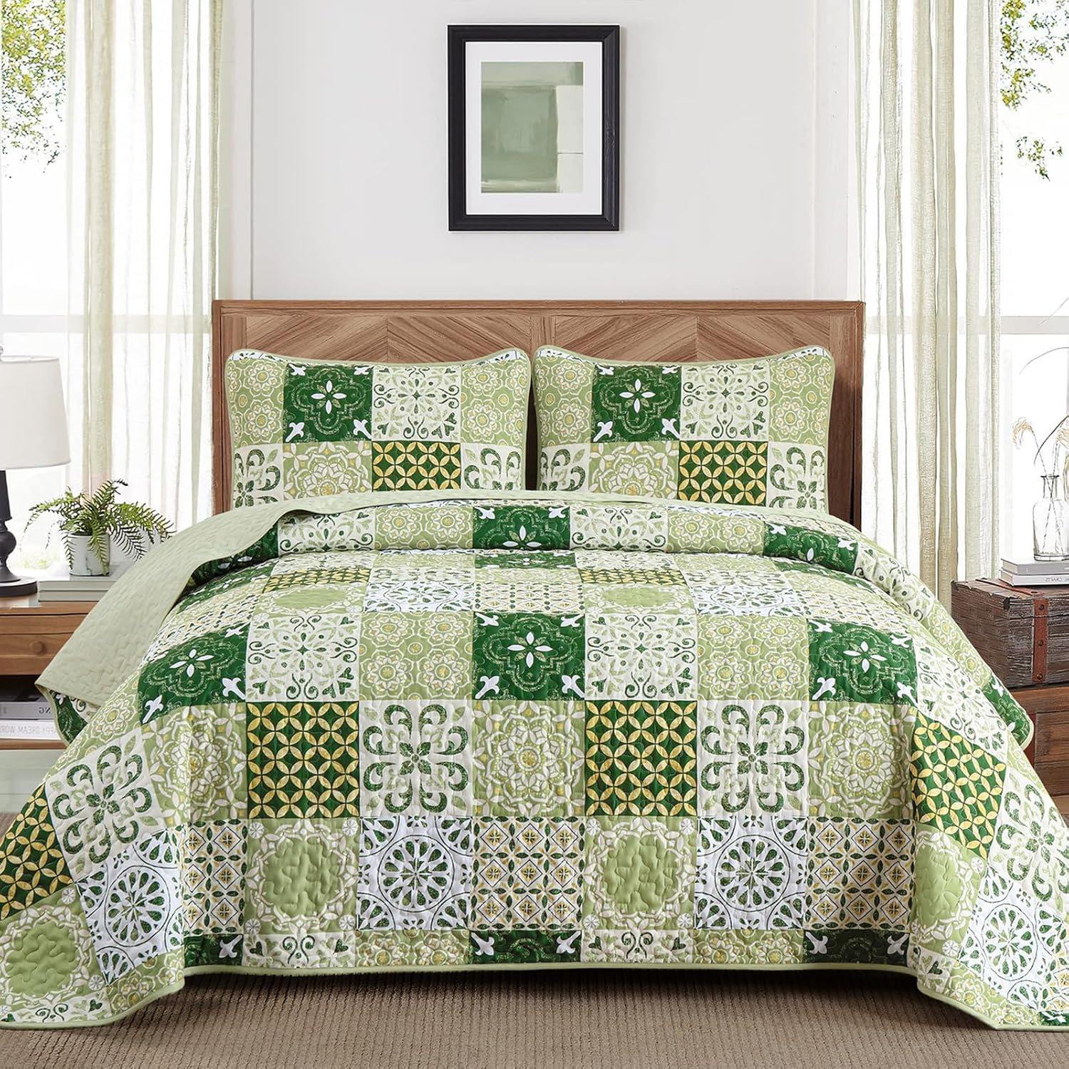 Dobuyly Green Quilt Set Queen Size, Boho Sage Green Plaid Patchwork Bedspreads Coverlet Set, 3 Pieces Soft Lightweight Microfiber Quilt Bedding Set for All Seasons 96"x90"