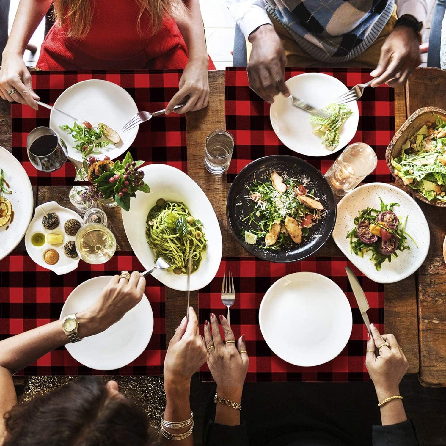 Aneco 6 Pack Buffalo Plaid Placemat Double Layer Burlap Cotton Placemats 18 x 12 Inches Plaid Placemats Decorative Kitchen Cotton Table Placemats Red and Black