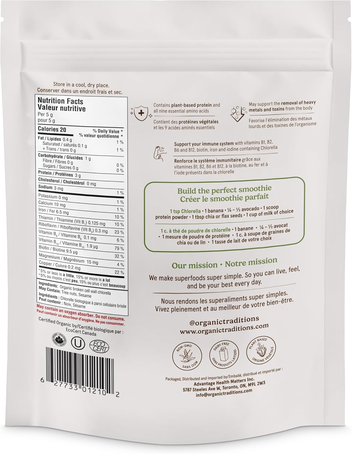 Organic Traditions Chlorella Powder, Broken Cell Wall Algae with Plant Based Protein, Essential Amino Acids, Chlorophyll & Nutrients, Eenergy Drink, Non GMO Superfood for Daily Blends, 150g/5.3oz Bag - Image 2