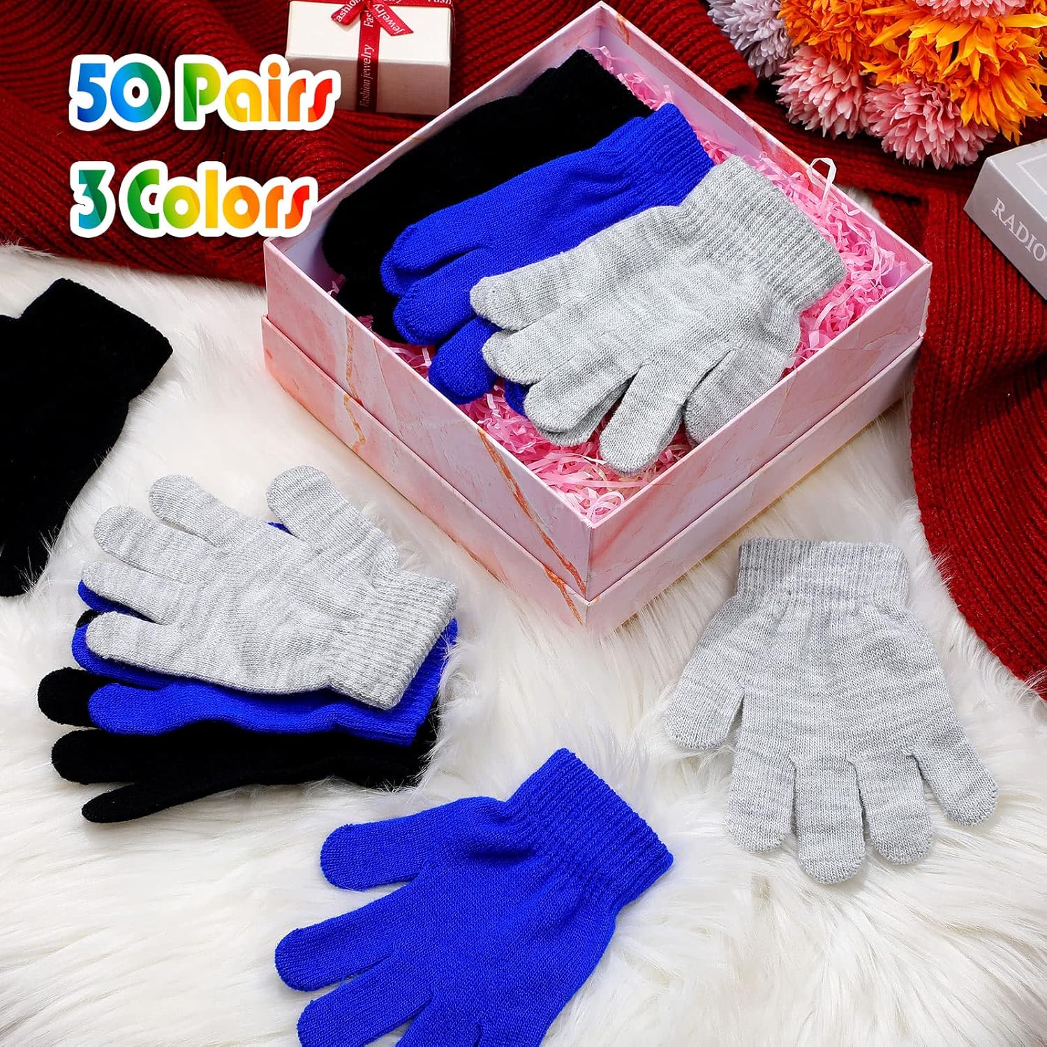 Handepo 50 Pairs Kids Winter Gloves Bulk Stretchy Full Finger Knitted Gloves Winter Warm for Boys Girls - Image 6