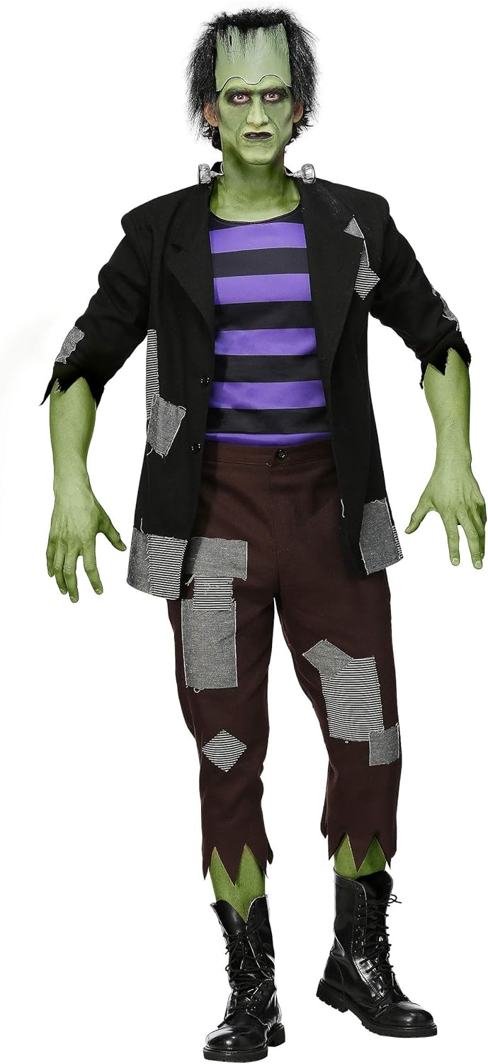 Men's Frankenstein Halloween Costume | Adult Scary Green Monster Outfit w/Jacket, Shirt, Pants, Headpiece, & Neck Bolts