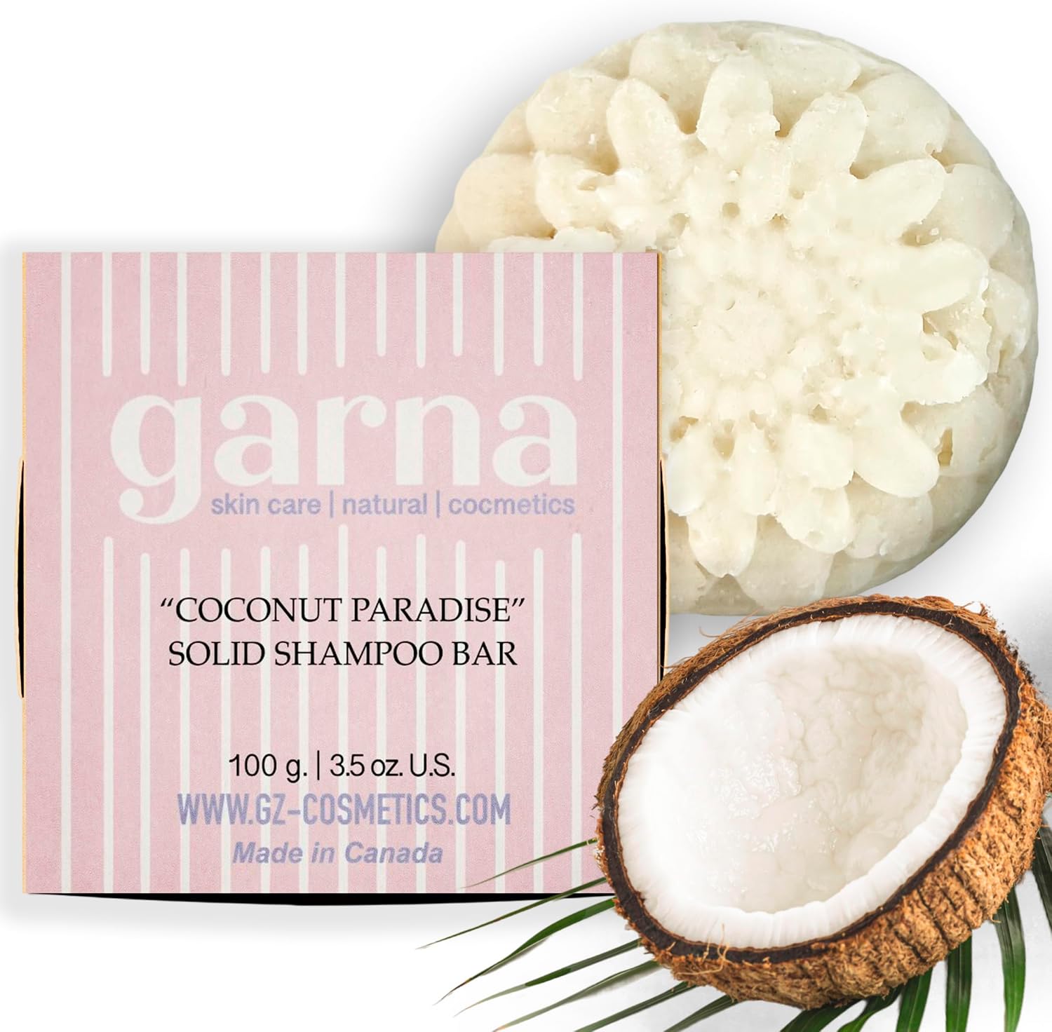 Garna Coconut Solid Shampoo Bar 100g (3.5 oz) – Vegan Shampoo Bar for Daily Hair Cleansing, Coconut & Vanilla Scent, Eco-Friendly & Travel-Friendly