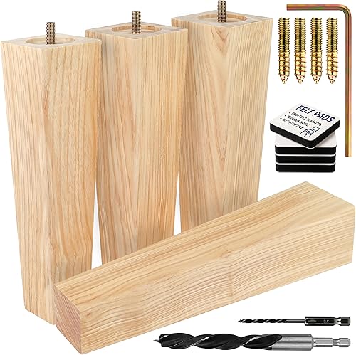 Miniatura 8 de Patas cuadradas de madera de fresno prémium para muebles (kit de instalación completa), elige tu tamaño y color