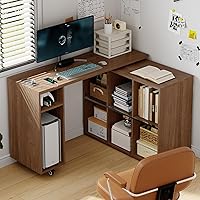 BOSHIRO L-Shaped Rotating Desk with Charging Station - 67" Oak Corner Computer Desk for Home Office, Bedroom & Study