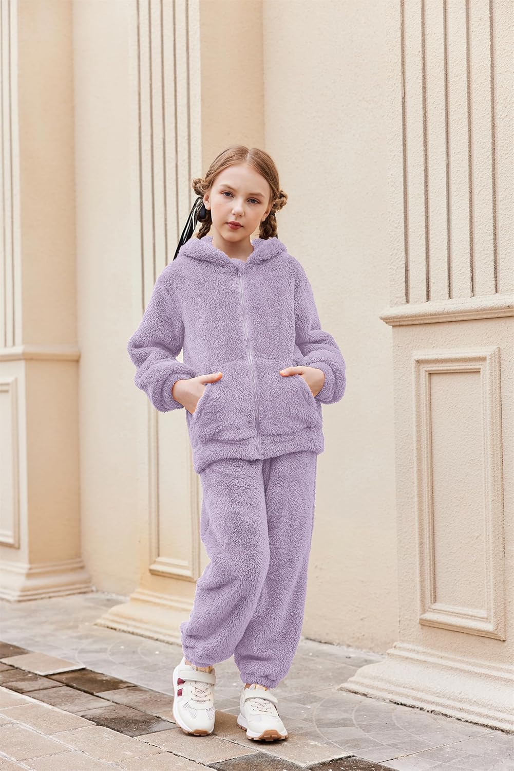 Arshiner Girls 2 Piece Fuzzy Set with Bear Ear Hoodie and Jogger Pants Zip Up Sweatshirt Outfits for Fall Winter 5-13 Years