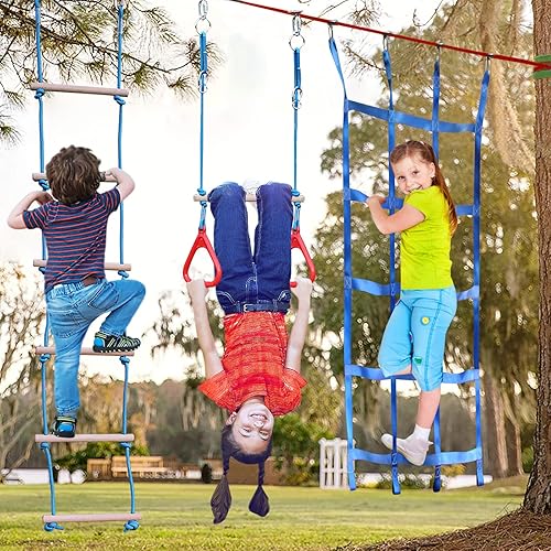 Miniatura 3 de Carrera de obstáculos ninja warrior para niños - 2 x 50 eslinga doble con accesorios completos para niños columpio trapecio escalera de cuerda red