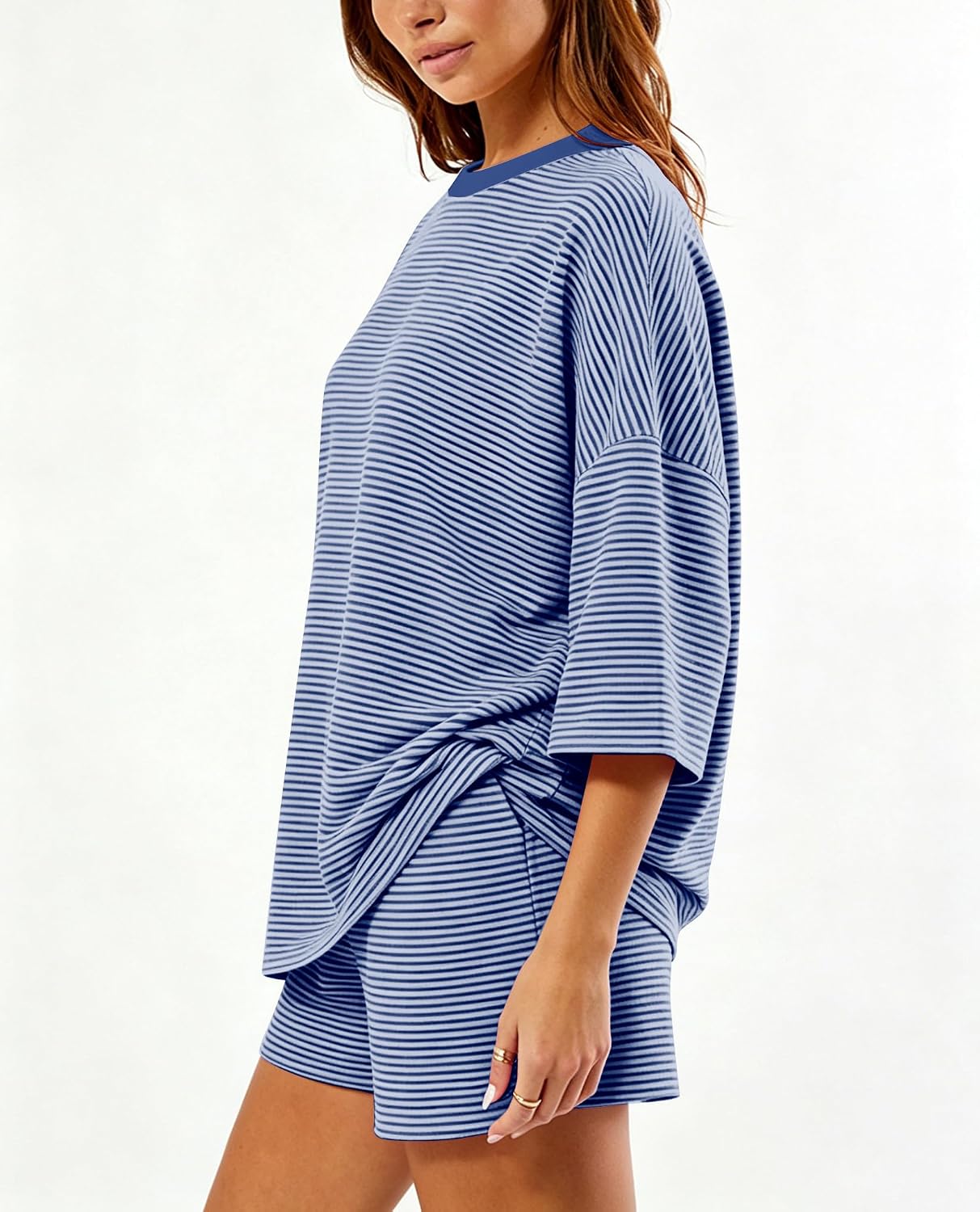 MSBESYOR Women 2 Piece Striped Lounge Set Short Sleeve Oversized T-Shirt Pjs Shorts Casual Matching Pajamas Set
