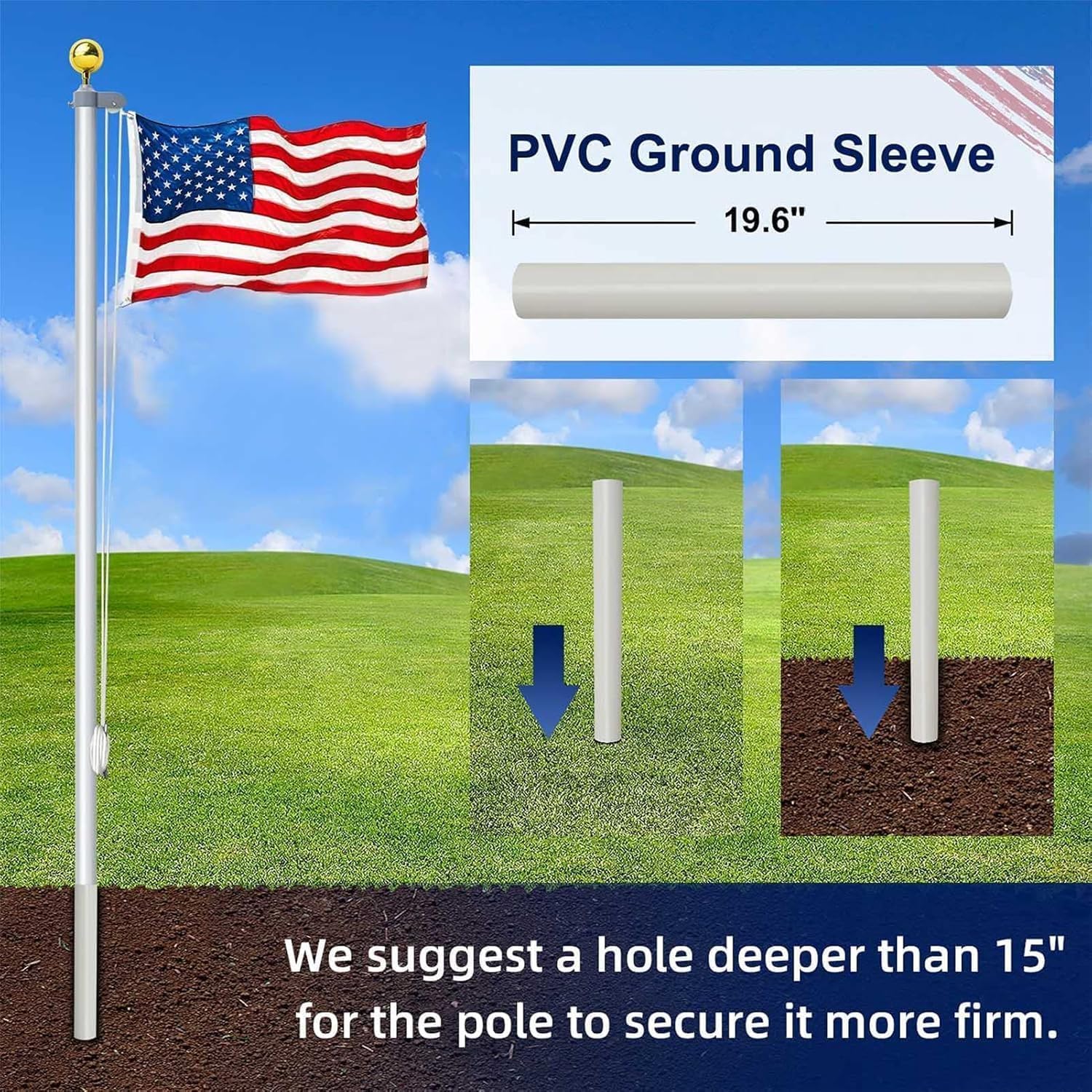 20Ft Flag Pole for Outside House with 3x5 American Flag Embroidered Stars,12 Gauge Heavy Duty Extra Thick Aluminum Flagpole Kit for Outside House In Ground, Residential Commercial Outdoor Garden Yard - Image 5