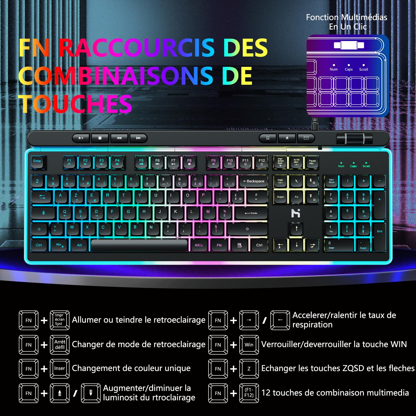 HLONONE Pack Clavier Souris Gaming - Ergonomique Clavier Souris Gamer Filaire - Éclairage LED Arc-en-Ciel - Clavier Gamer AZERTY Rétroéclairé - Souris Gamer 7200 DPI - AZERTY FRANÇAIS-pour PC PS4 PS5