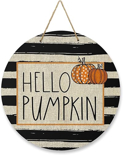 Front Door Decoration Welcome Sign, Retro Black White Stripes Hello Pumpkin Thanksgiving Fall 10 Inch Round Wood Hanging Sign, Seasonal Wall Wreaths